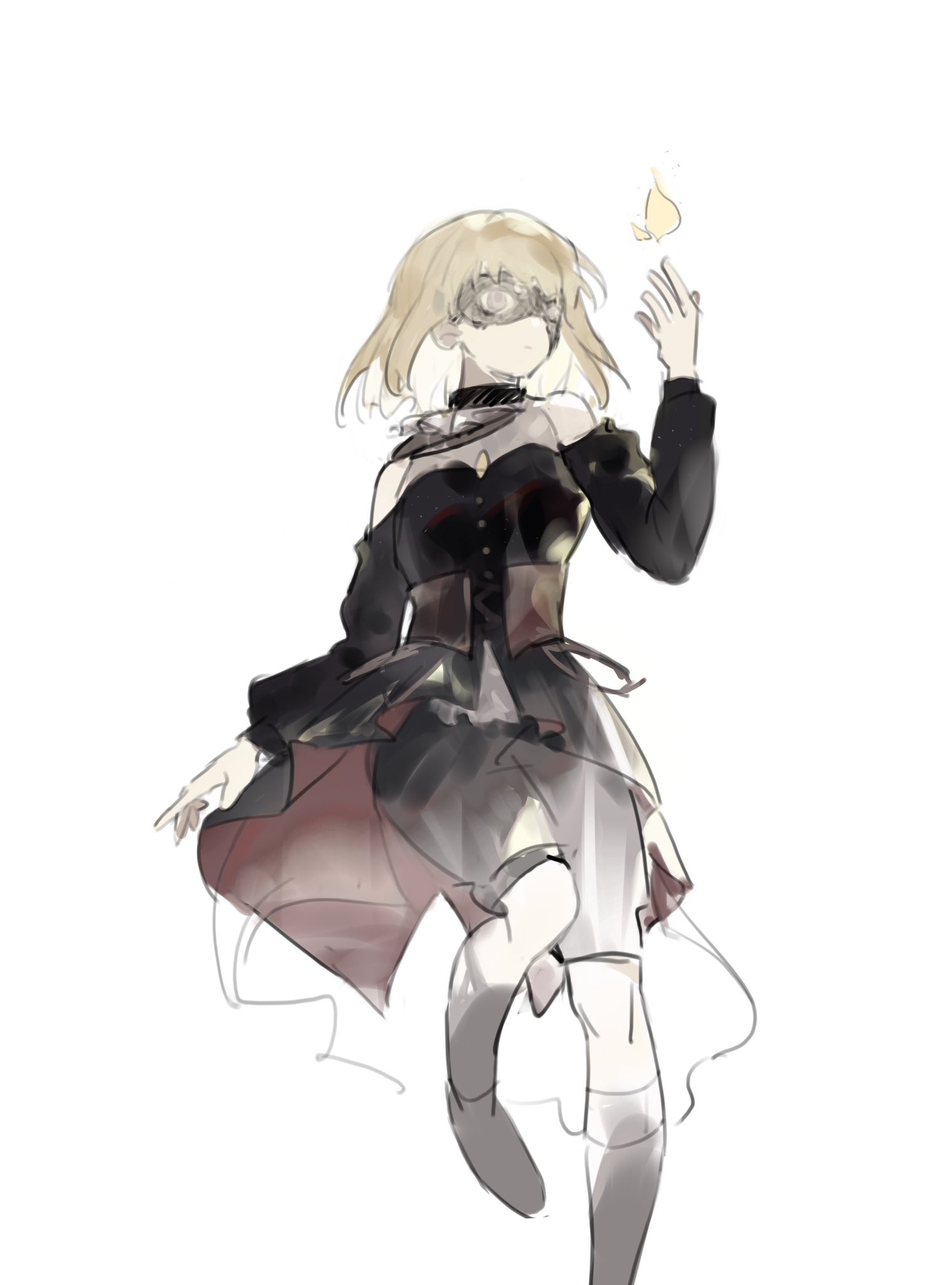 korii1018, doloris (bang dream!), misumi uika, bang dream!, bang dream! it's mygo!!!!!, commentary, highres, 1girl, black dress, black mask, blonde hair, brown corset, clothing cutout, corset, dress, hand up, kneehighs, long sleeves, mask, masquerade mask, medium hair, purple eyes, shoulder cutout, simple background, socks, solo, white background