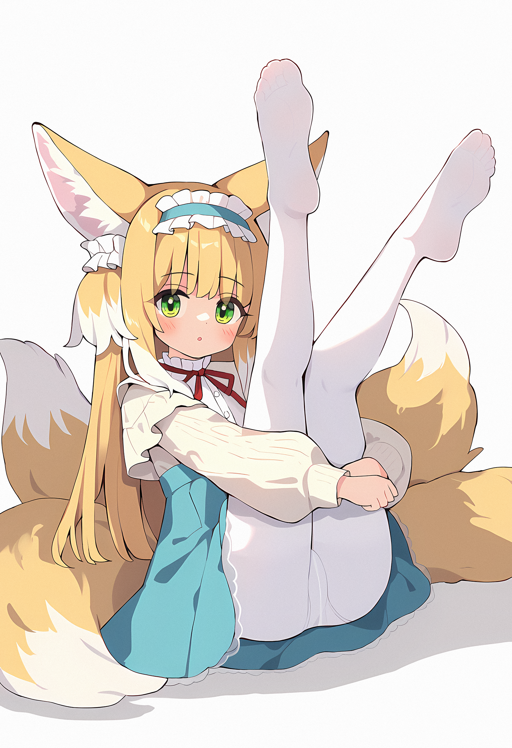 sakonana, suzuran (arknights), arknights, 1girl, animal ears, blonde hair, blue skirt, blush, feet, feet up, fox ears, fox girl, fox tail, frills, green eyes, hairband, holding own legs, legs, legs together, legs up, long hair, long sleeves, looking at viewer, multicolored hair, multiple tails, neck ribbon, pantyhose, ribbon, simple background, sitting, skirt, solo, tail, two-tone hair, upskirt, white pantyhose