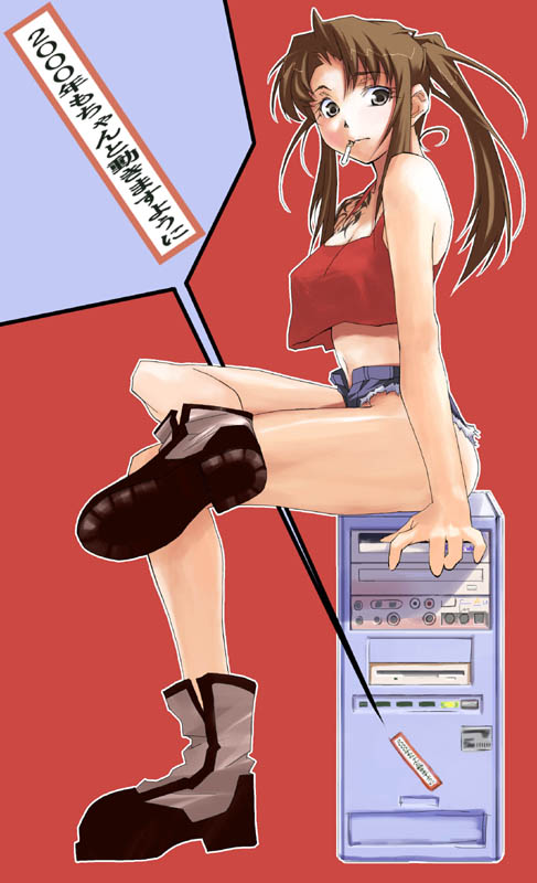 iqu, revy (black lagoon), black lagoon, translation request, 00s, 1girl, boots, brown eyes, brown hair, camisole, cigarette, computer, crop top, crossed legs, cutoffs, denim, denim shorts, female focus, figure four sitting, grey eyes, legs, long hair, midriff, mouth hold, open fly, open zipper, ponytail, short shorts, shorts, sitting, smoking, solo, tattoo, unzipped, zipper