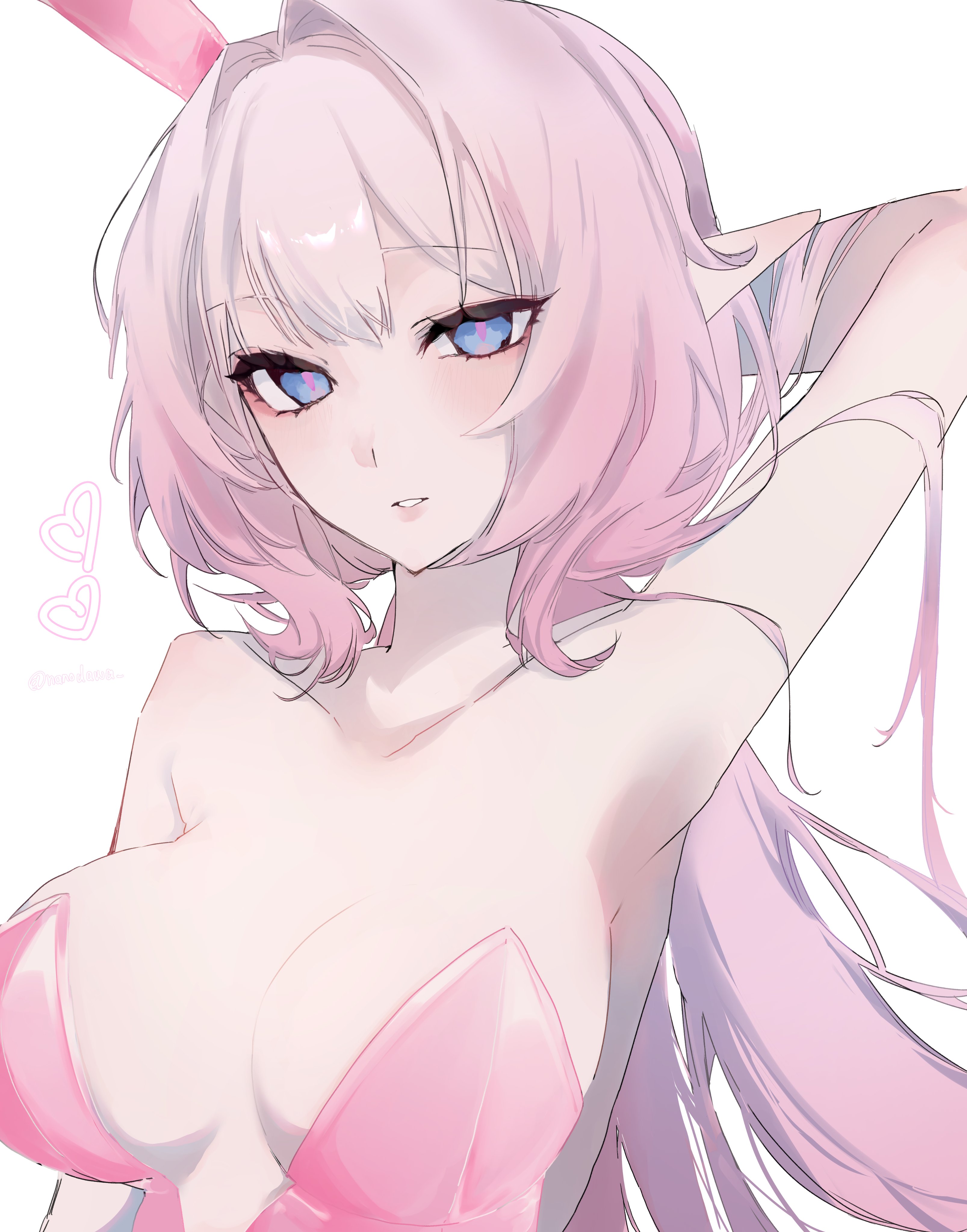 fuahina, elysia (honkai impact), honkai (series), honkai impact 3rd, absurdres, commentary request, highres, 1girl, alternate costume, animal ears, armpits, blue eyes, breasts, cleavage, elf, fake animal ears, large breasts, leotard, long hair, pink hair, pink leotard, playboy bunny, pointy ears, rabbit ears, simple background, solo, upper body, very long hair, white background