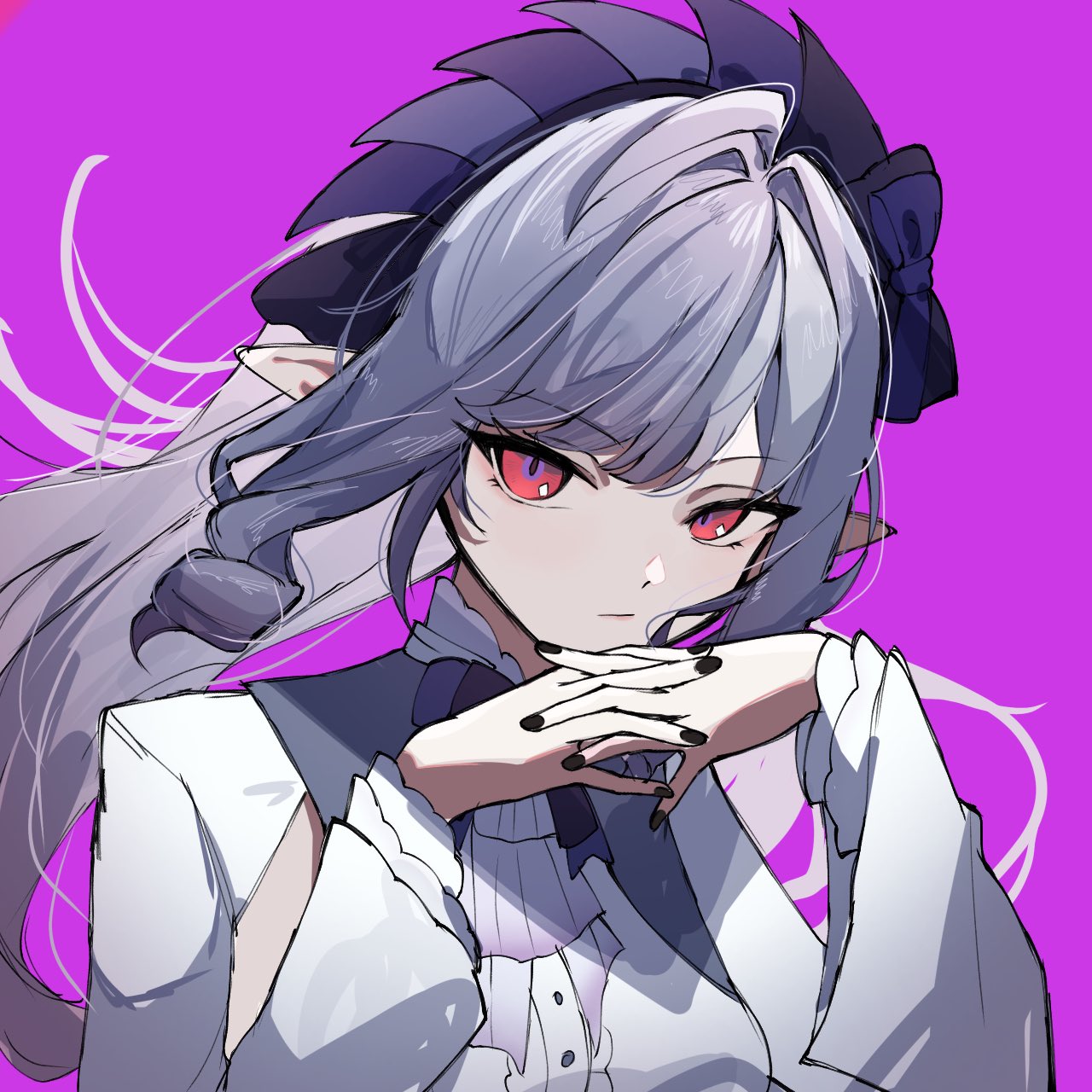 yunoji (onigiri yumi09), vivian banshee, zenless zone zero, highres, 1girl, ascot, black nails, bow, bowtie, breast curtains, center frills, crossed fingers, drill hair, frills, headband, looking at viewer, pointy ears, purple ascot, purple background, purple bow, purple bowtie, purple hair, red eyes, shirt, shrug (clothing), sideboob cutout, solo, white shirt, white shrug