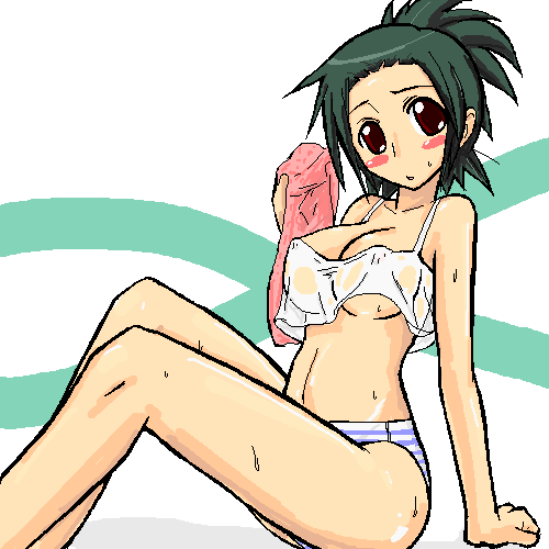 ooba tsukiyo, sketchbook full colors, lowres, 00s, 1girl, blush, breasts, female focus, green hair, medium breasts, midriff, oekaki, panties, solo, striped clothes, striped panties, underwear