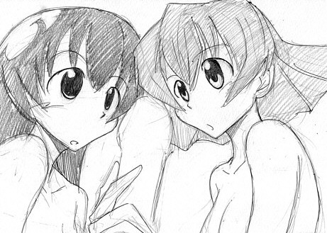 himuro fuu, tanabe ryou, sketchbook full colors, graphite (medium), lowres, traditional media, 00s, 2girls, greyscale, handjob, monochrome, multiple girls, nude, penis, sketch