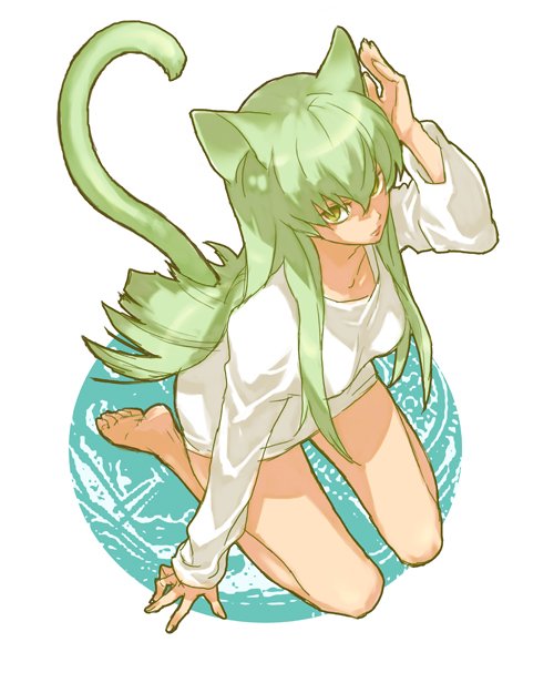 c.c., code geass, 00s, animal ears, bottomless, green hair, long hair, shirt, sitting, solo, yellow eyes