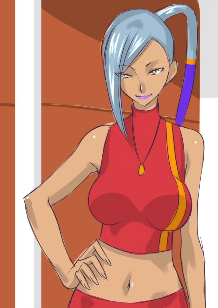 caw=zoo, villetta nu, code geass, 00s, 1girl, dark-skinned female, dark skin, female focus, grey hair, lipstick, long hair, makeup, midriff, sleeveless, smile, solo, yellow eyes