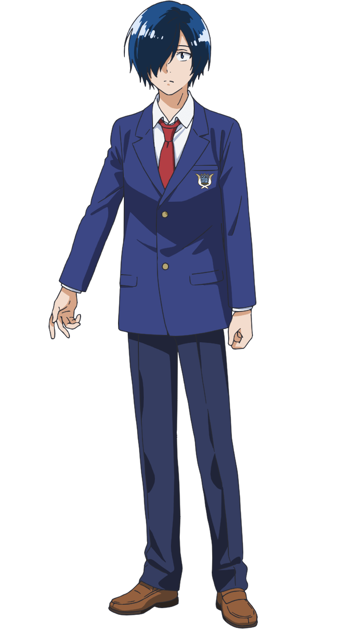 morita kazuaki, ao no orchestra, highres, official art, 1boy, anime coloring, aono hajime, blazer, blue eyes, blue hair, blue jacket, blue pants, brown shoes, clenched hand, closed mouth, collared shirt, dress shoes, full body, hair over one eye, jacket, long sleeves, looking at viewer, necktie, open hand, outstretched arm, pants, red necktie, school uniform, shirt, shoes, short hair, simple background, solo, standing, tachi-e, transparent background, white shirt