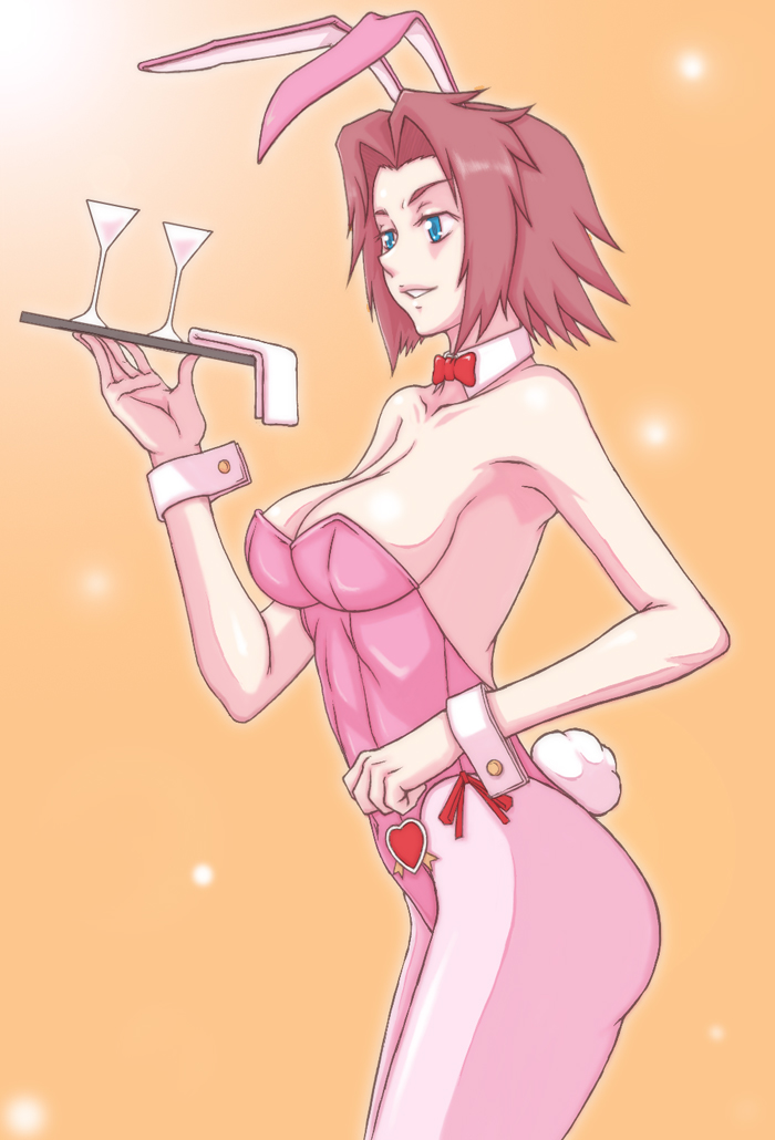 acid (acid-field), acid (artist), kouzuki kallen, code geass, 00s, 1girl, animal ears, blue eyes, fake animal ears, female focus, glasses, leotard, pantyhose, pink pantyhose, playboy bunny, rabbit ears, rabbit tail, red hair, short hair, solo, tail, tray