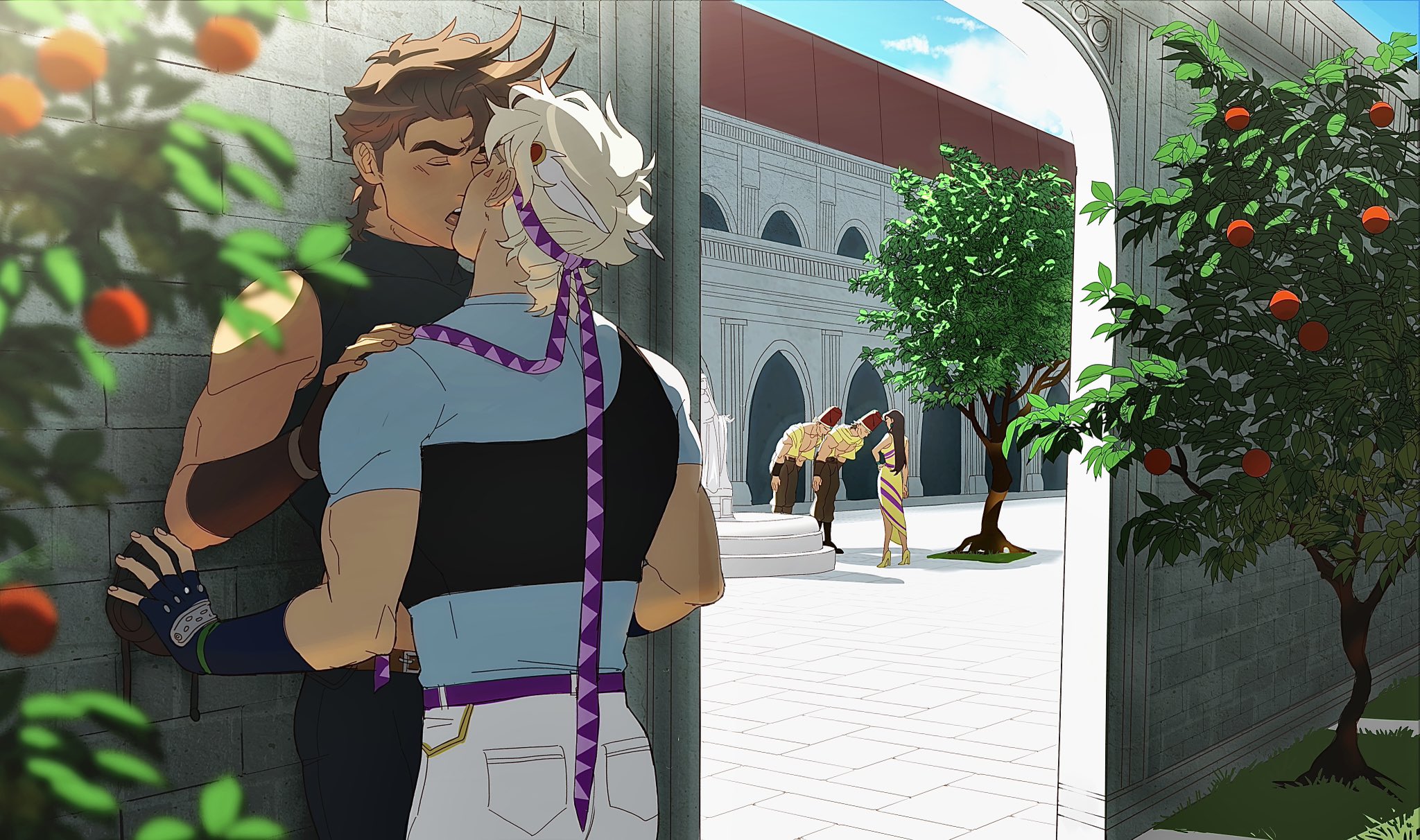 catneylang, caesar anthonio zeppeli, joseph joestar, joseph joestar (young), lisa lisa, loggins (jojo), messina (jojo), battle tendency, jojo no kimyou na bouken, commentary, english commentary, highres, 1girl, 4boys, against wall, black shirt, blue gloves, blue pants, blue shirt, blue sky, blush, brown hair, closed eyes, cropped jacket, day, facial mark, feather hair ornament, feathers, fingerless gloves, food, french kiss, fruit, gloves, hair ornament, headband, holding, holding mask, kabedon, kiss, male focus, mask, midriff, mouth mask, multiple boys, orange (fruit), outdoors, pants, purple headband, shirt, sky, sleeveless, sleeveless shirt, sleeveless turtleneck, tree, triangle print, turtleneck, turtleneck shirt, unworn mask, white hair, white pants, yaoi