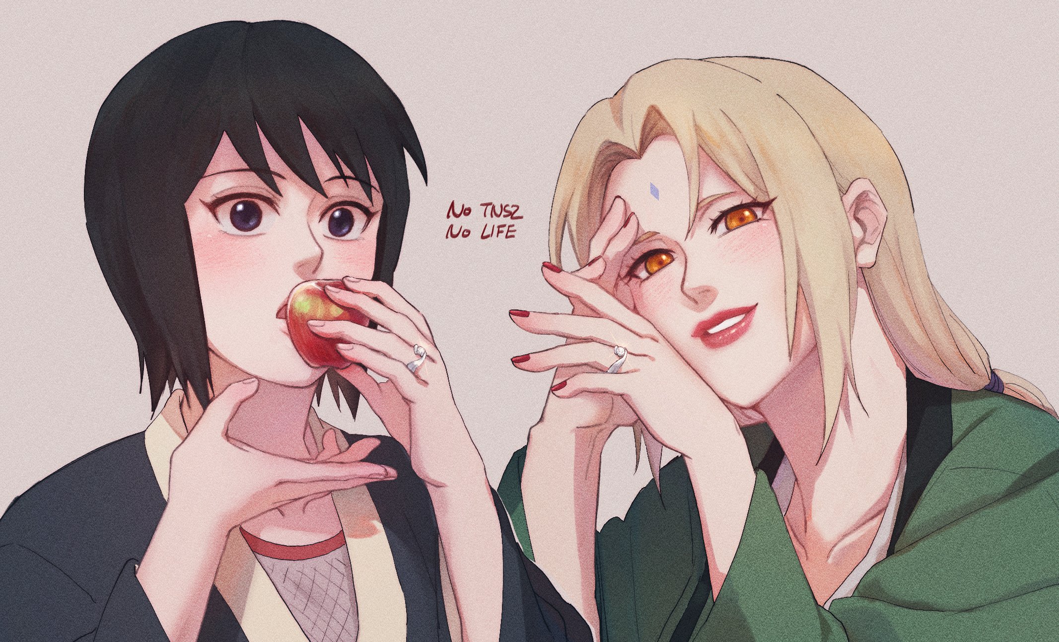 may c, shizune (naruto), tsunade (naruto), naruto (series), commentary request, highres, korean commentary, 2girls, apple, black eyes, black hair, blonde hair, collarbone, eating, facial mark, food, forehead mark, fruit, holding, holding food, japanese clothes, jewelry, medium hair, multiple girls, orange eyes, parted lips, ponytail, red lips, ring, smile, wedding ring