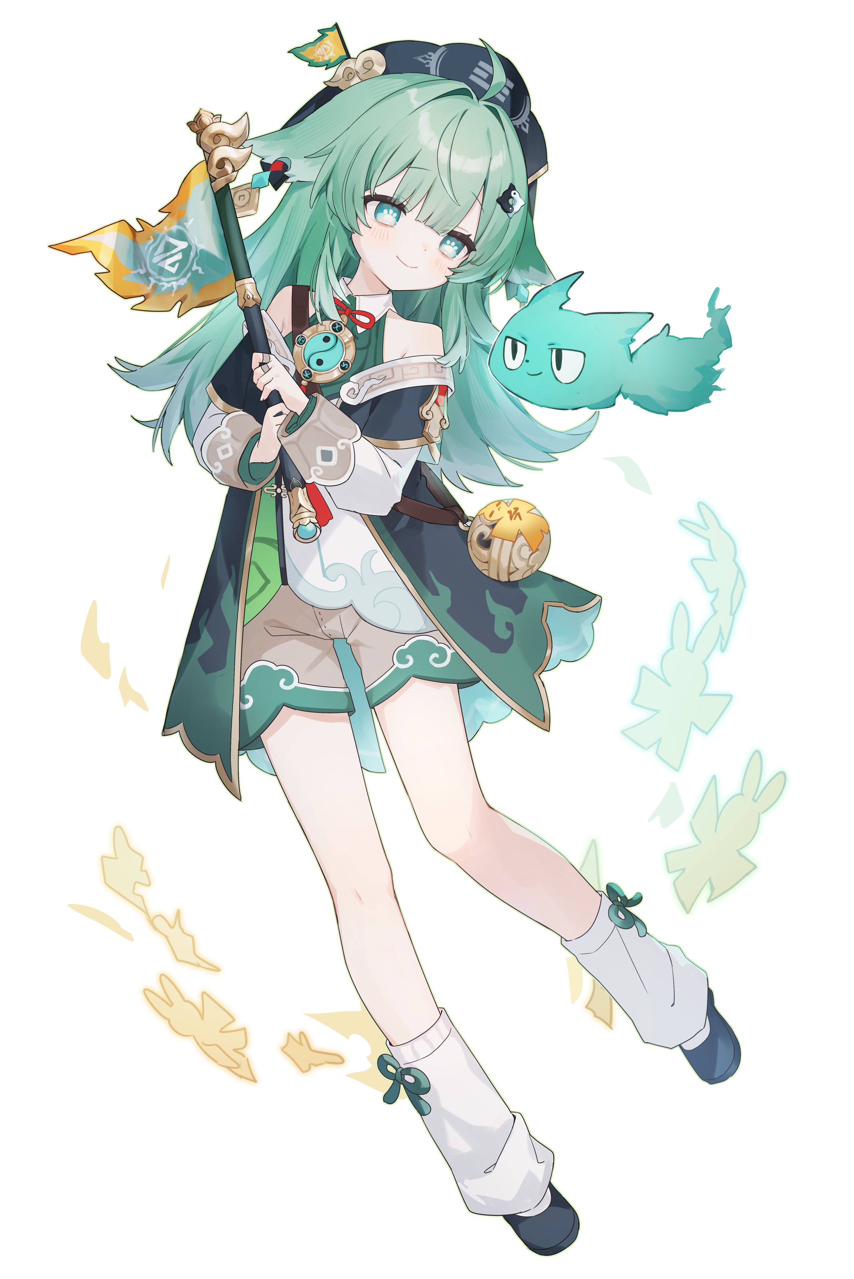 1227ree, huohuo (honkai: star rail), honkai: star rail, honkai (series), absurdres, highres, 1girl, ahoge, animal ears, closed mouth, flag, fox ears, fox girl, full body, green eyes, green hair, hair ornament, hat, holding, holding flag, long hair, long sleeves, shorts, simple background, smile, socks, solo, tassel, white background, white socks, yin yang