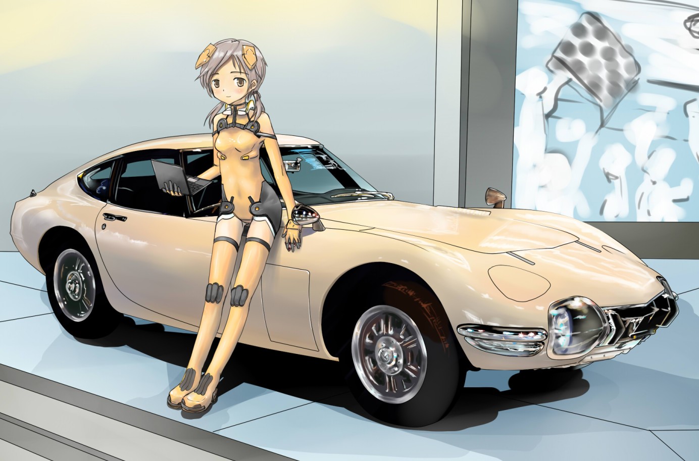 sonomiya karen, sky girls, toyota, pilot suit, 00s, 1girl, bare shoulders, blush, boots, breasts, car, computer, covered navel, elbow gloves, expressionless, female focus, full body, gloves, grey hair, hair ribbon, halterneck, headgear, holding, laptop, leotard, looking at viewer, low twintails, mecha pilot suit, motion slit, motionslit, motor vehicle, orange boots, orange eyes, orange gloves, orange thighhighs, ribbon, right-hand drive, shadow, short hair, short twintails, sitting, small breasts, solo, thigh boots, thighhighs, toyota 2000gt, turtleneck, twintails, vehicle focus