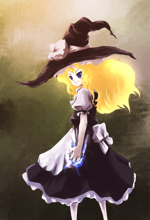 kashiwagi kazuhiro, kirisame marisa, touhou, 1girl, blonde hair, blue eyes, dress, female focus, gradient background, hat, solo, witch, witch hat