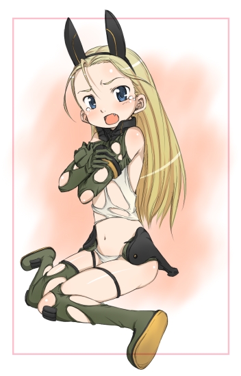 hamao, elise von dietrich, sky girls, framed, pilot suit, 00s, 1girl, :o, animal ears, antenna hair, bare shoulders, blonde hair, blue eyes, blush, boots, covering breasts, covering privates, crossed arms, elbow gloves, embarrassed, fake animal ears, fang, female focus, flat chest, from side, full body, gloves, green boots, green thighhighs, hairband, headgear, leotard, long hair, looking at viewer, mecha pilot suit, motion slit, motionslit, navel, open mouth, outside border, sitting, solo, tears, thigh boots, thighhighs, torn clothes, torn leotard, torn thighhighs, turtleneck, wariza