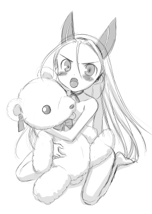 ikeda jun (aquaqua), elise von dietrich, sky girls, bad id, bad pixiv id, lowres, 00s, angry, blush, collar, greyscale, long hair, monochrome, solo, stuffed animal, stuffed toy, teddy bear