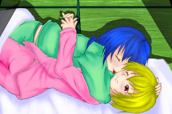 furude rika, houjou satoko, higurashi no naku koro ni, 00s, 2girls, blanket, blonde hair, blue hair, futon, hug, licking, long hair, multiple girls, pajamas, shadow, short hair, tatami, yuri