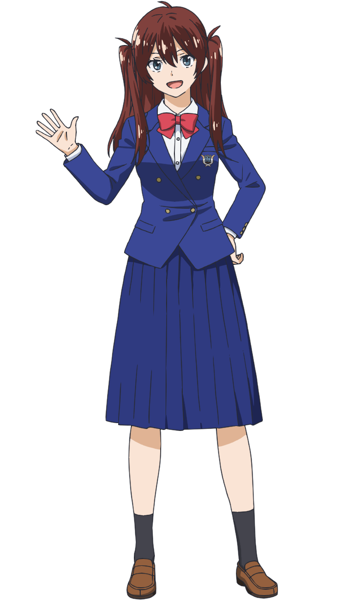 morita kazuaki, akine ritsuko, ao no orchestra, highres, official art, 1girl, :d, anime coloring, black socks, blazer, blue jacket, blue skirt, bow, bowtie, breasts, brown hair, brown shoes, collared shirt, full body, grey eyes, hand on own hip, hand up, jacket, loafers, long hair, long sleeves, looking at viewer, medium breasts, open hand, open mouth, palms, pleated skirt, red bow, school uniform, shirt, shoes, simple background, skirt, smile, socks, solo, spread fingers, standing, tachi-e, transparent background, two side up, white shirt