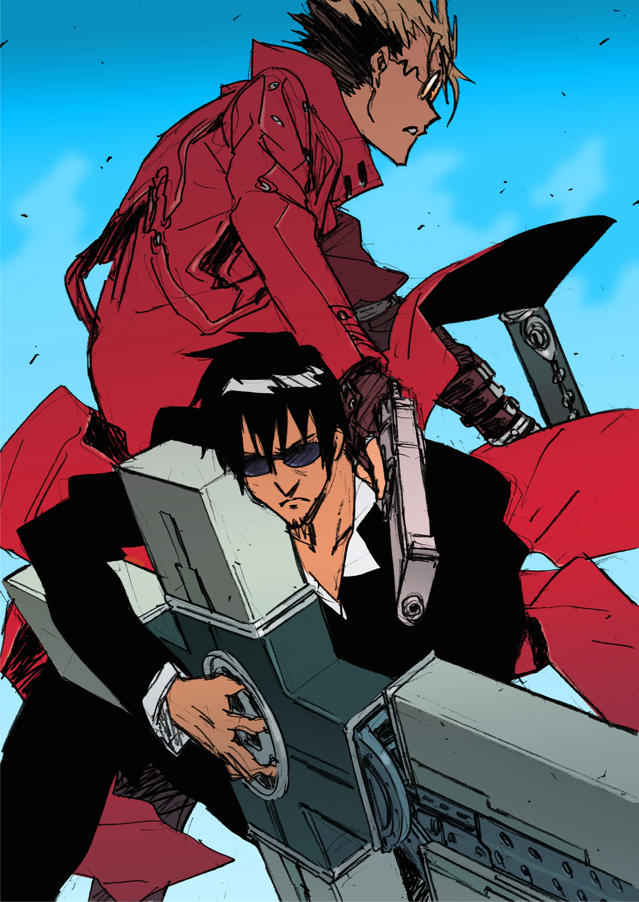 katou haruaki, nicholas d. wolfwood, vash the stampede, trigun, trigun maximum, highres, 2boys, agl arms .45 long colt, black hair, blonde hair, break-action revolver, coat, fighting stance, fingerless gloves, formal clothes, frown, gloves, gun, handgun, high collar, long coat, low bore axis revolver, male focus, manly, multicolored hair, multiple boys, open collar, red coat, revolver, sky, suit, sunglasses, two-tone hair, weapon