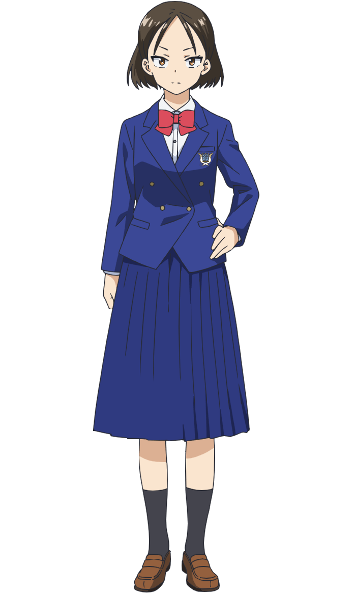 morita kazuaki, tachibana shizuka, ao no orchestra, official art, 1girl, anime coloring, black socks, blazer, blue jacket, blue skirt, bow, bowtie, breasts, brown eyes, brown shoes, clenched hands, closed mouth, collared shirt, full body, hand on own hip, jacket, loafers, long sleeves, looking at viewer, parted bangs, pleated skirt, red bow, shirt, shoes, short hair, simple background, skirt, small breasts, socks, solo, standing, tachi-e, transparent background, tsurime, v-shaped eyebrows, white shirt
