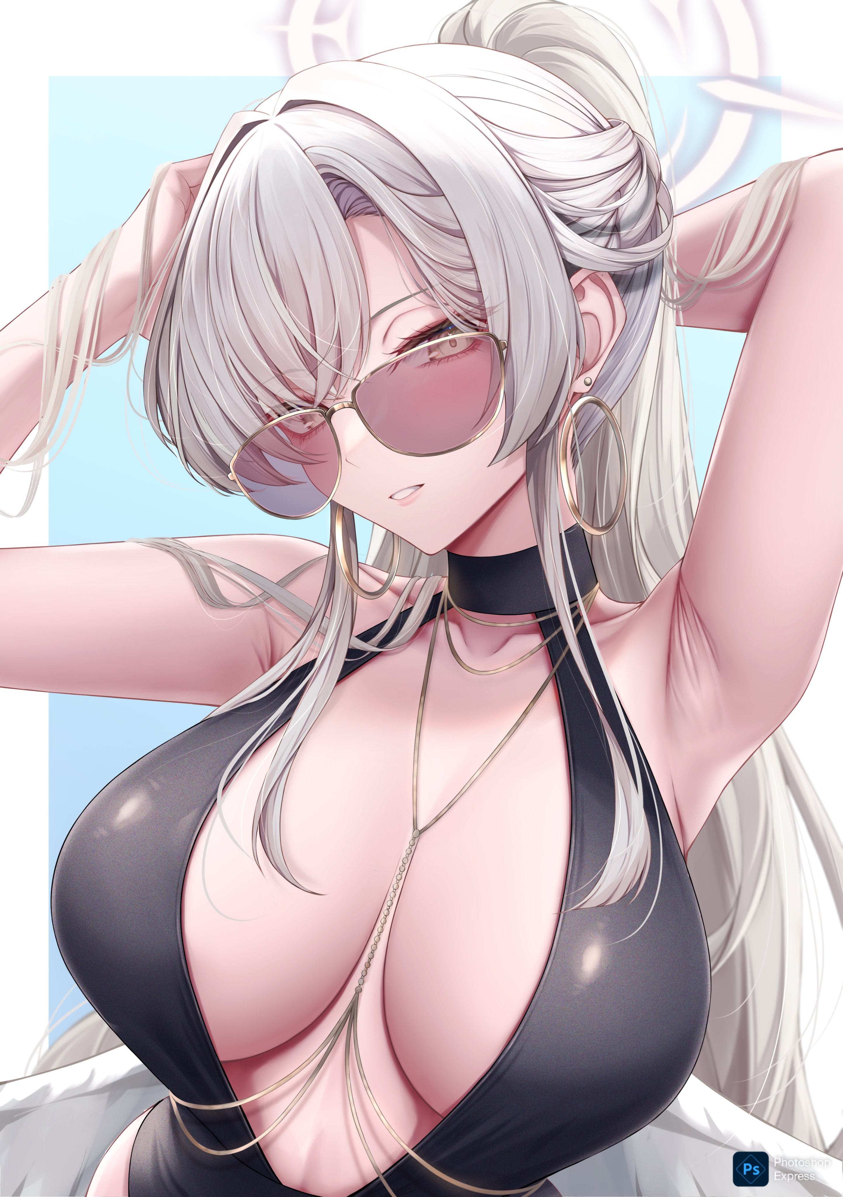 rai (newtype xm-x1), nagisa (blue archive), nagisa (swimsuit) (blue archive), blue archive, absurdres, commentary, highres, symbol-only commentary, 1girl, alternate breast size (larger), armpits, arms behind head, arms up, aviator sunglasses, black one-piece swimsuit, breasts, brown-tinted eyewear, collarbone, earrings, hoop earrings, jewelry, large breasts, long hair, looking at viewer, low wings, official alternate hairstyle, one-piece swimsuit, solo, sunglasses, swimsuit, tinted eyewear, upper body, very long hair, white wings, wings