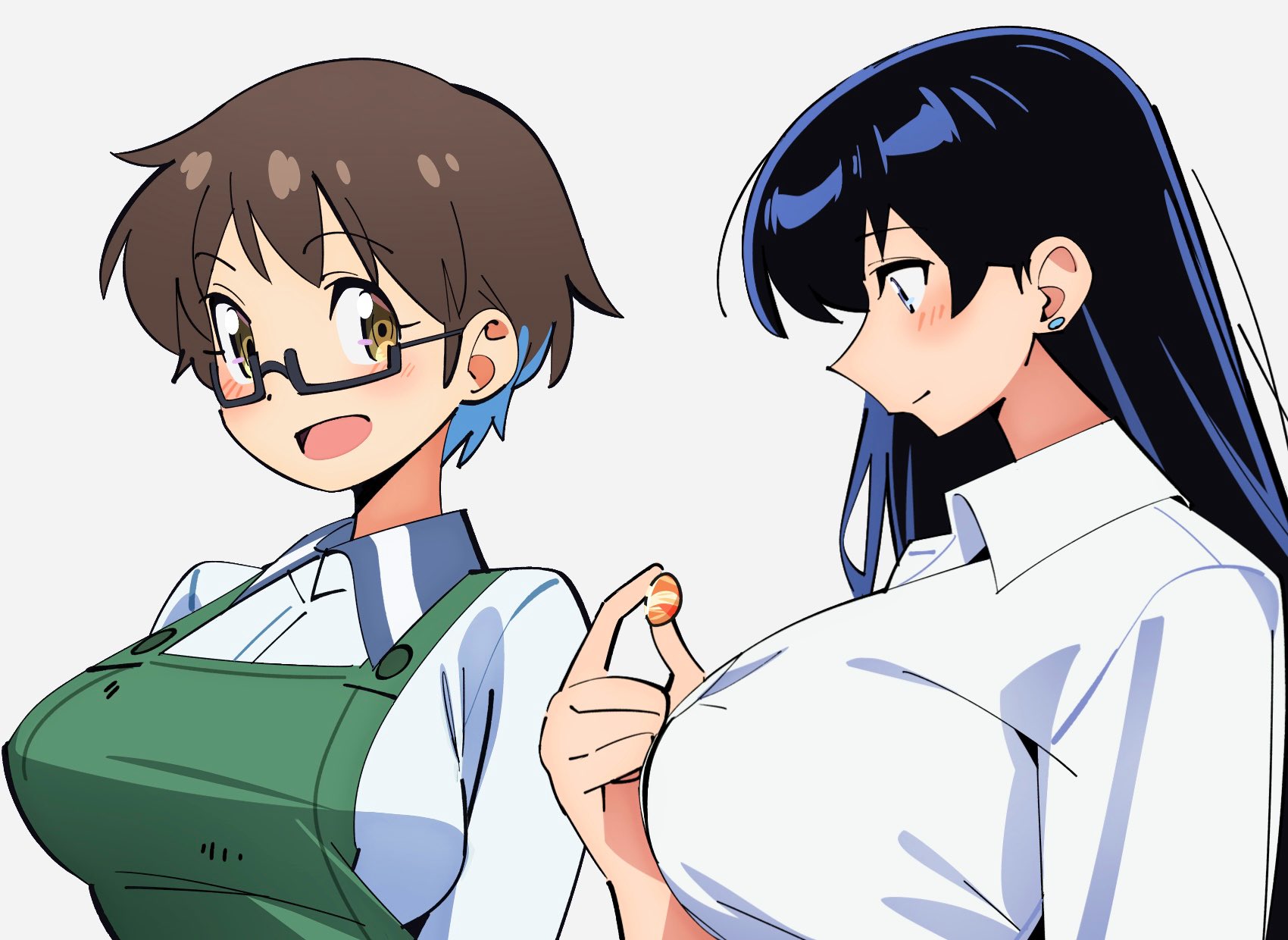 sakura 1110ssmm, arato nagi, imari youko, ruri no houseki, highres, tagme, 2girls, black hair, blue eyes, breasts, brown eyes, brown hair, collared shirt, glasses, large breasts, multiple girls, shirt, smile, white shirt