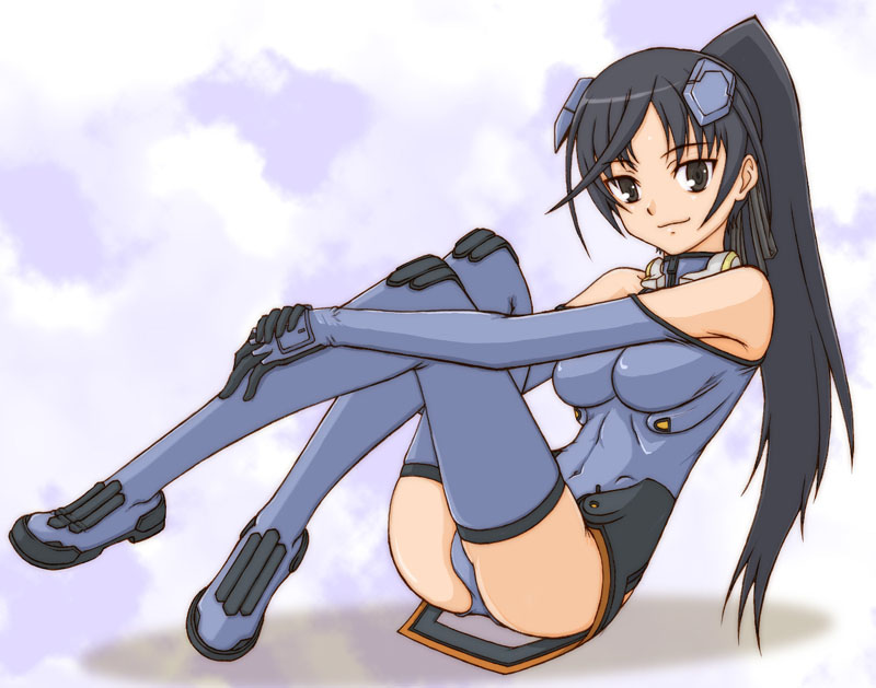 acid (acid-field), acid (artist), ichijou eika, sky girls, pilot suit, bad id, bad pixiv id, 00s, 1girl, armpits, bare shoulders, black eyes, black hair, blue boots, blue gloves, blue thighhighs, boots, breasts, cloud, covered navel, day, elbow gloves, female focus, from side, full body, gloves, hair ribbon, halterneck, headgear, high ponytail, hugging own legs, knees up, leotard, light smile, long hair, mecha pilot suit, motion slit, motionslit, own hands together, parted bangs, ponytail, ribbon, shadow, sitting, skin tight, sky, smile, solo, thigh boots, thighhighs, turtleneck, very long hair
