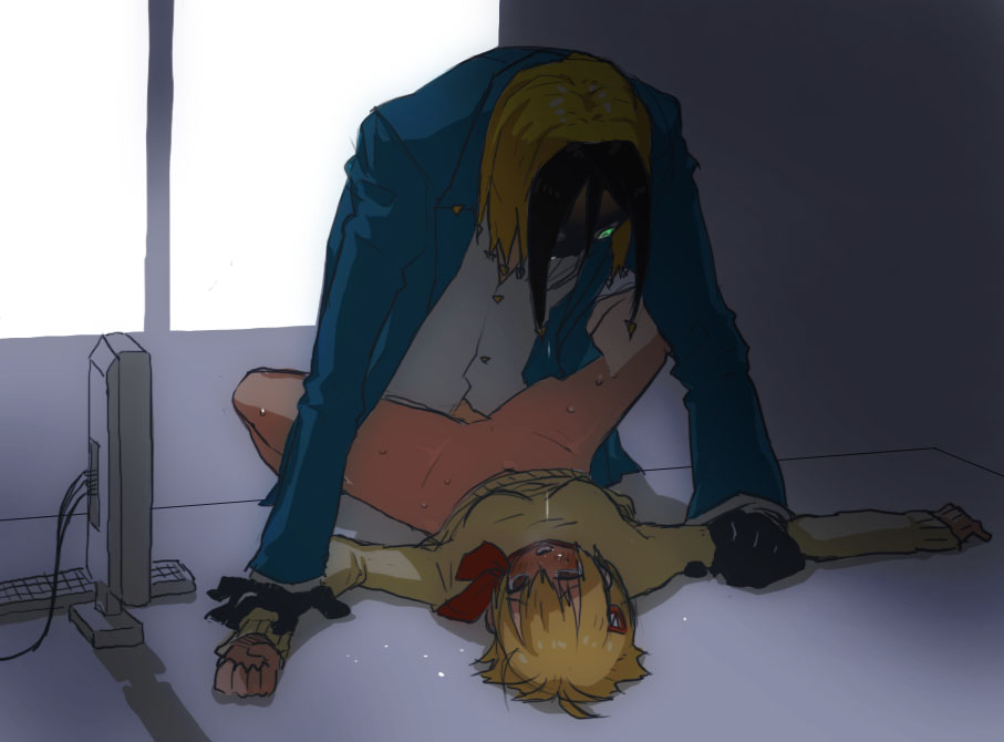katsuragi yako, nougami neuro, majin tantei nougami neuro, 00s, 1boy, 1girl, blonde hair, blush, bottomless, clothed sex, colored bangs, formal clothes, hetero, nude, rape, sex, short hair, suit, sweat, sweater, vaginal
