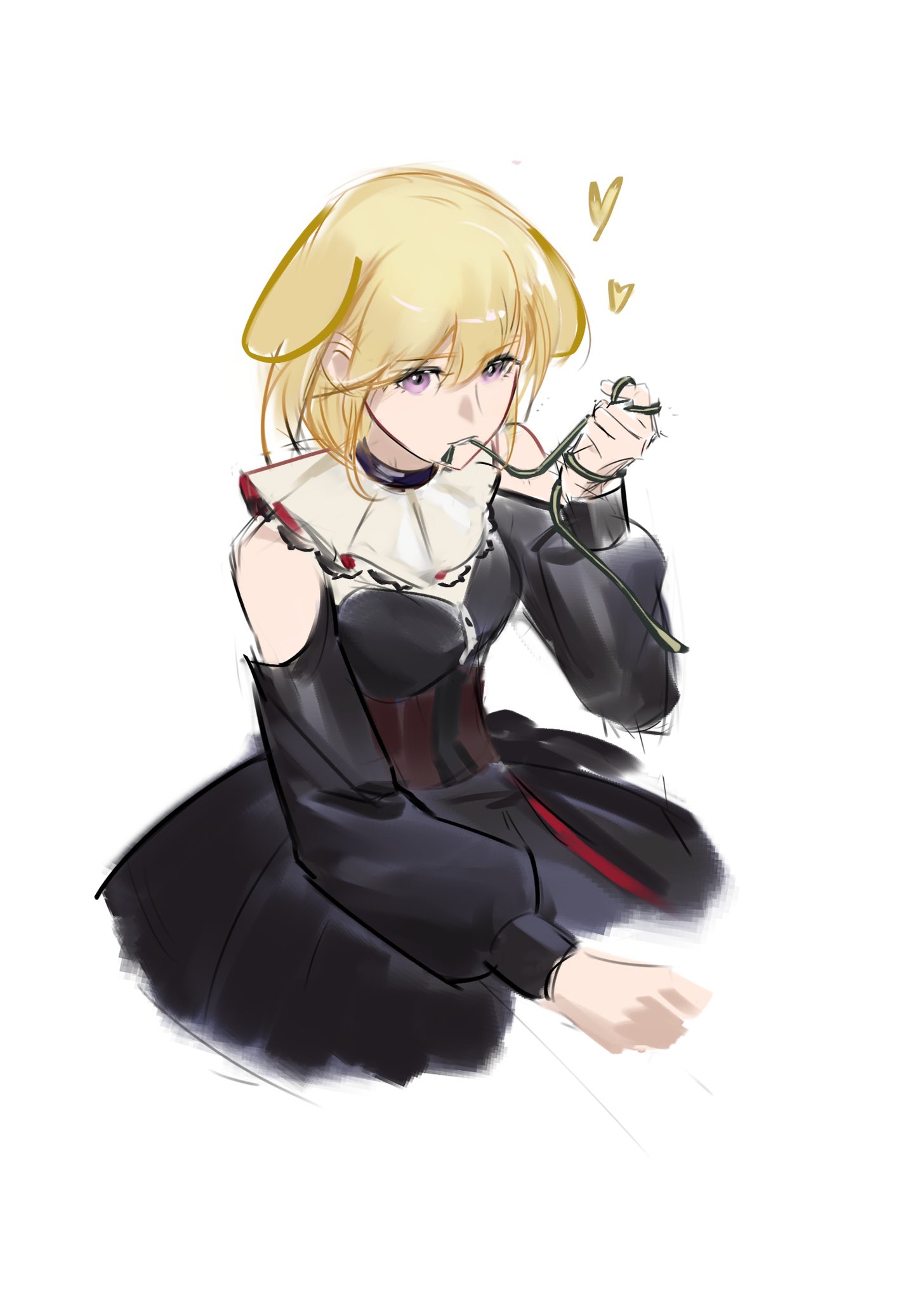doloris (bang dream!), misumi uika, bang dream!, bang dream! it's mygo!!!!!, chinese commentary, commentary request, highres, 1girl, animal ears, black dress, blonde hair, clothing cutout, dog ears, dog girl, dress, green ribbon, heart, holding, holding ribbon, kemonomimi mode, long sleeves, medium hair, mouth hold, purple eyes, ribbon, ribbon in mouth, shoulder cutout, simple background, solo, white background, zyq66