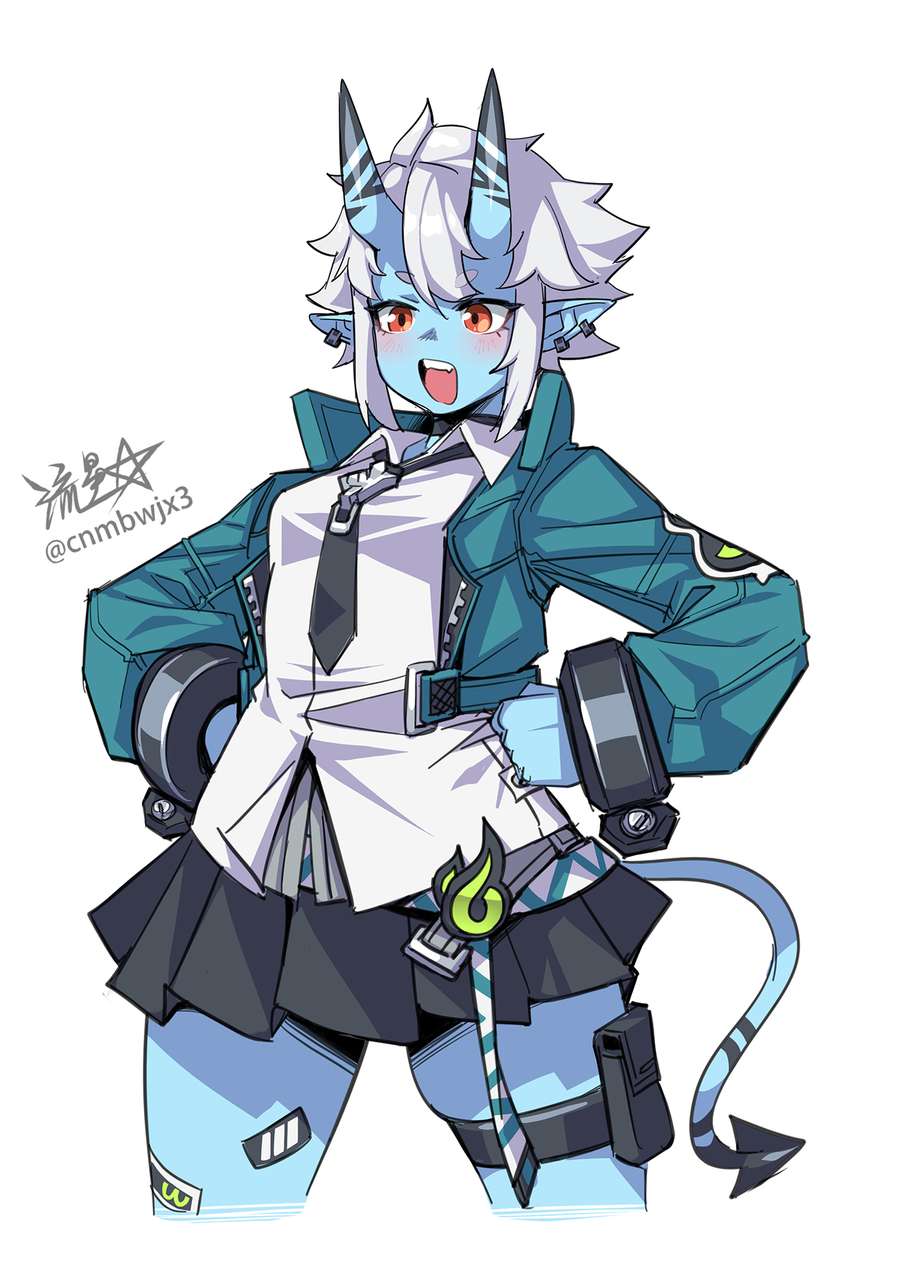 ryuusei (mark ii), soukaku (zenless zone zero), zenless zone zero, commentary, highres, 1girl, aqua jacket, black choker, black hair, black necktie, blue skin, breasts, choker, colored skin, cowboy shot, cropped jacket, cuffs, demon horns, demon tail, earrings, hands on own hips, horns, jacket, jewelry, miniskirt, necktie, open mouth, orange eyes, pleated skirt, pointy ears, pouch, shackles, short hair, skin-covered horns, skirt, small breasts, solo, tail, thigh pouch, twitter username, white hair, wide hips