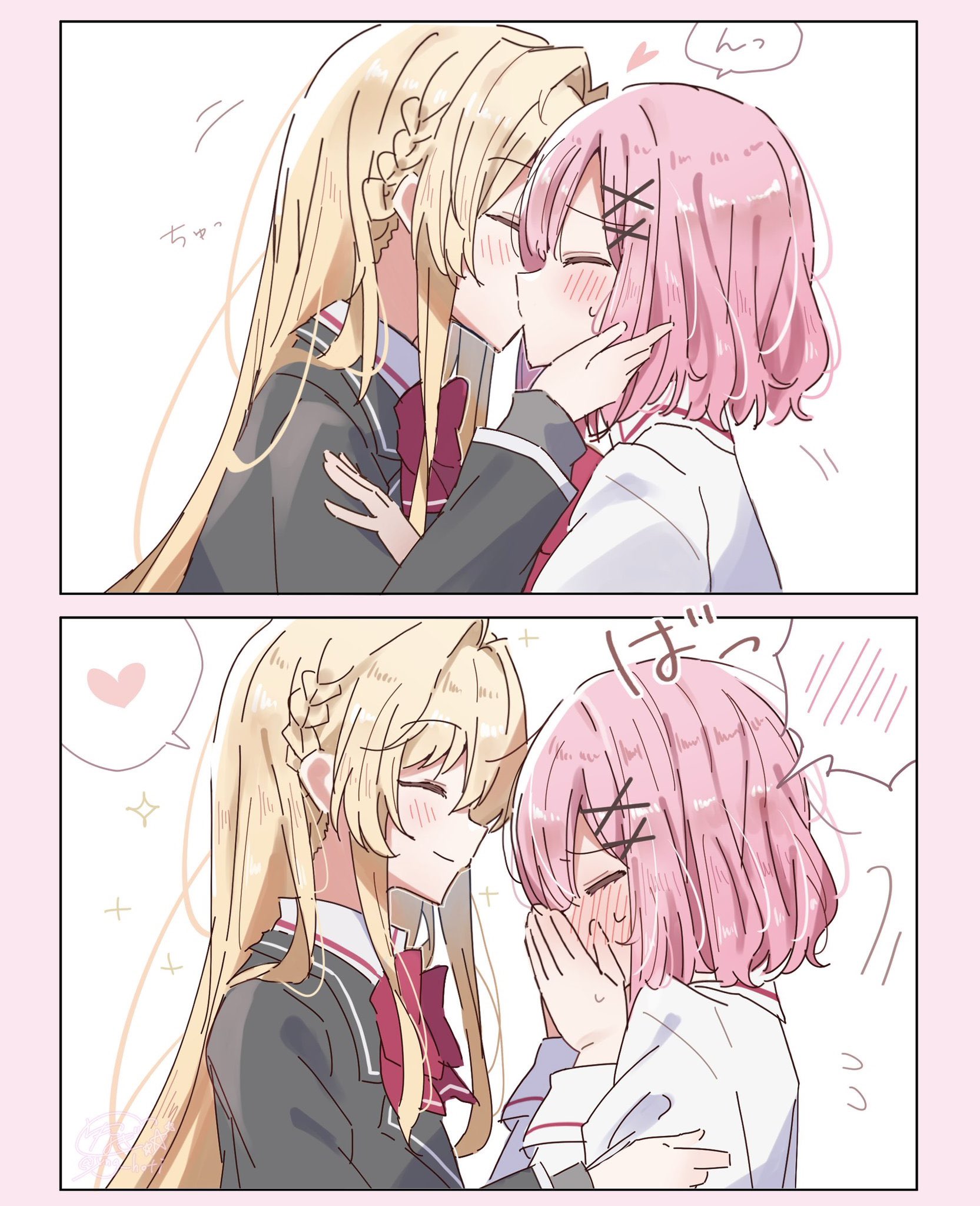 yunagi (yng hoti), amaori renako, ouzuka mai, watashi ga koibito ni nareru wake naijan murimuri!, commentary request, highres, 2girls, black jacket, blonde hair, blush, bow, bowtie, braid, hair ornament, heart, jacket, kiss, long hair, multiple girls, pink hair, red bow, red bowtie, school uniform, shirt, short hair, spoken heart, upper body, white shirt, x hair ornament, yuri