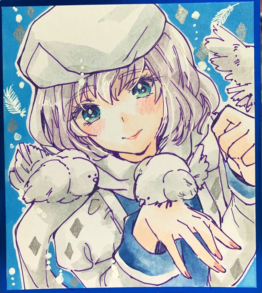 akaioringo2023, letty whiterock, touhou, painting (medium), traditional media, watercolor (medium), 1girl, animal, animal on arm, animal on hand, beret, bird, blue background, blue eyes, hat, long sleeves, medium hair, portrait, triangular headpiece