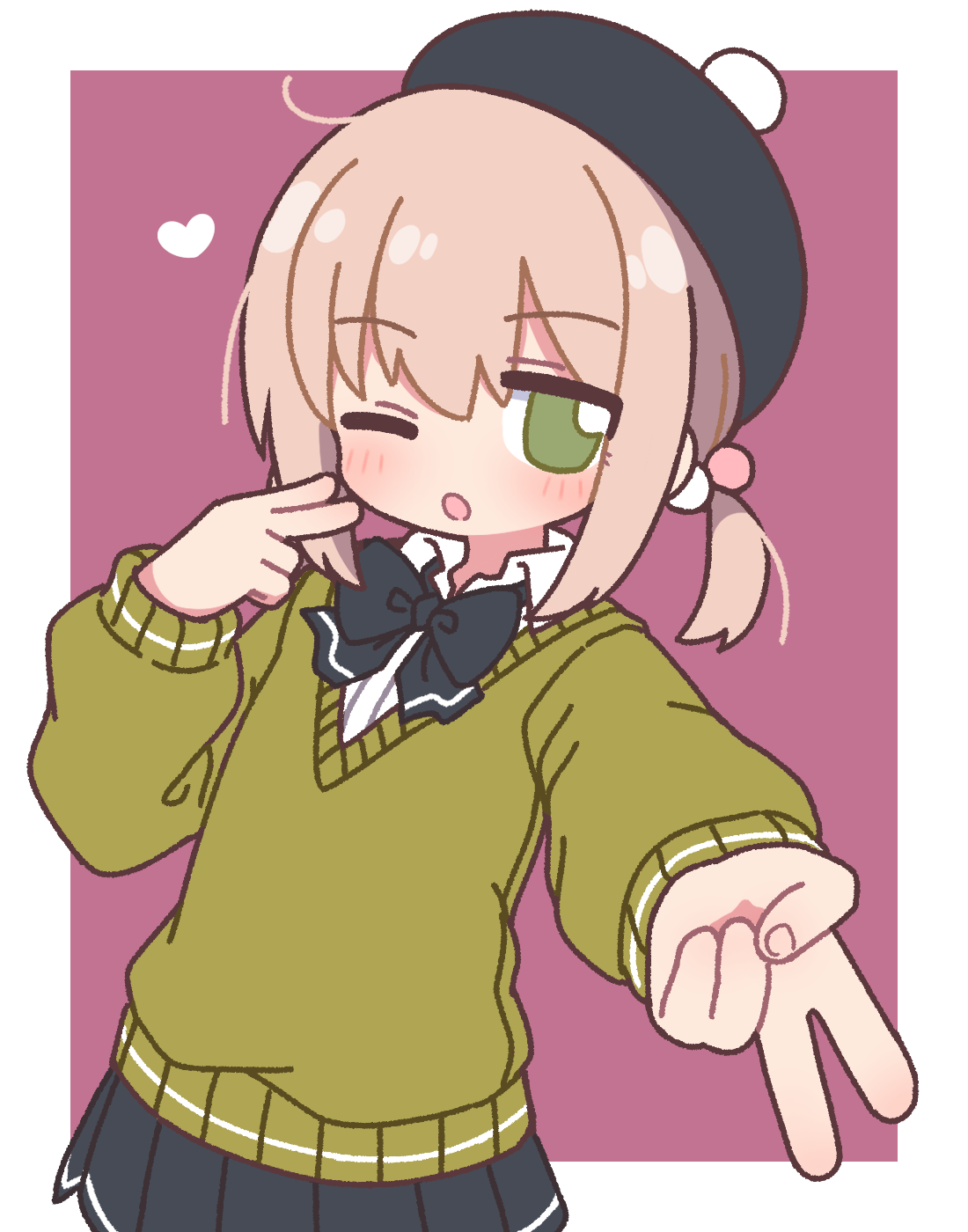 naga u, original, highres, 1boy, black bow, black bowtie, black hat, black skirt, border, bow, bowtie, brown hair, collared shirt, cowboy shot, crossdressing, crossdressing (mtf), green eyes, green sweater, gyaru v, hair bobbles, hair ornament, hat, heart, long sleeves, looking at viewer, male focus, miniskirt, one eye closed, open mouth, outside border, pleated skirt, pom pom hat ornament, purple background, school uniform, shirt, short hair, simple background, skirt, solo, suama-kun (naga u), sweater, trap, twintails, v, white border, white shirt