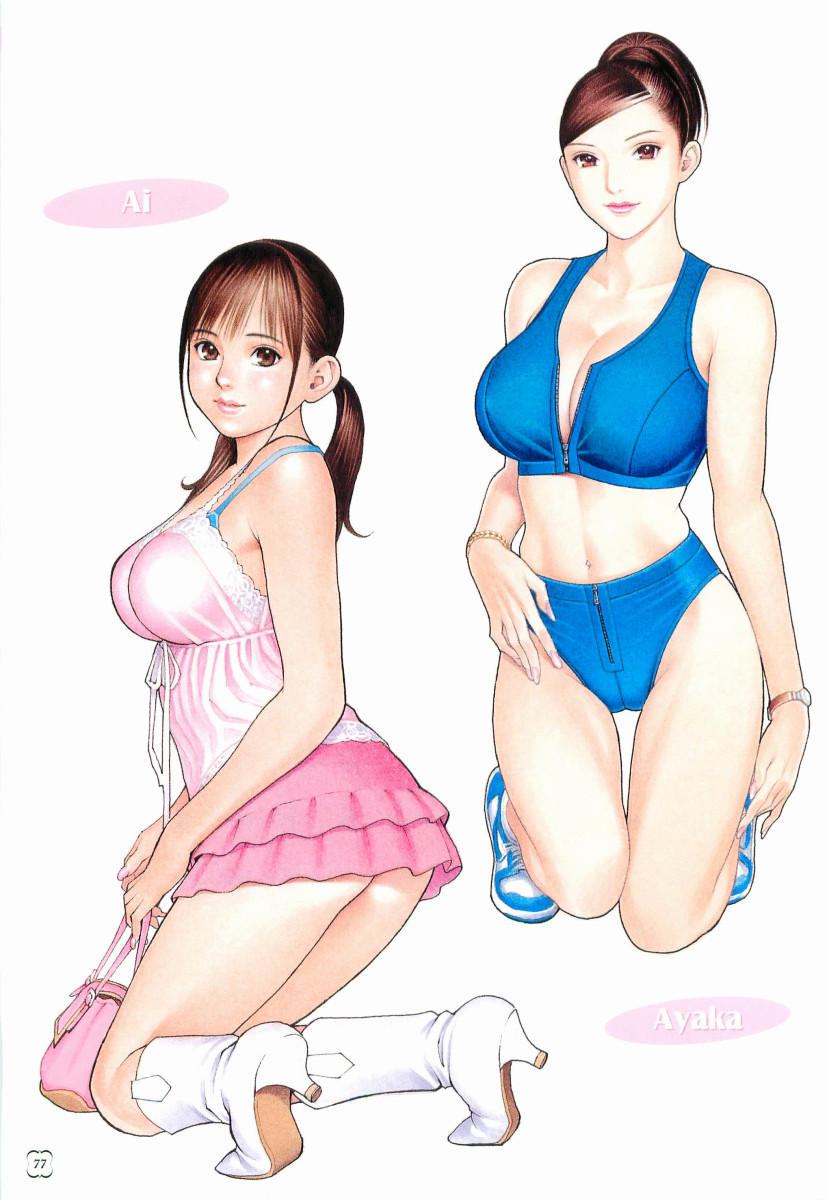 izayoi seishin, white footwear, highres, tagme, 2girls, aokikunio, bag, blue bra, boots, bra, breasts, brown hair, character name, cleavage, frills, handbag, knee boots, kneeling, large breasts, long hair, looking at viewer, looking back, microskirt, midriff, miniskirt, multiple girls, partially unzipped, pink skirt, short hair, simple background, skirt, swept bangs, underwear, watch, white background, wristwatch, zipper