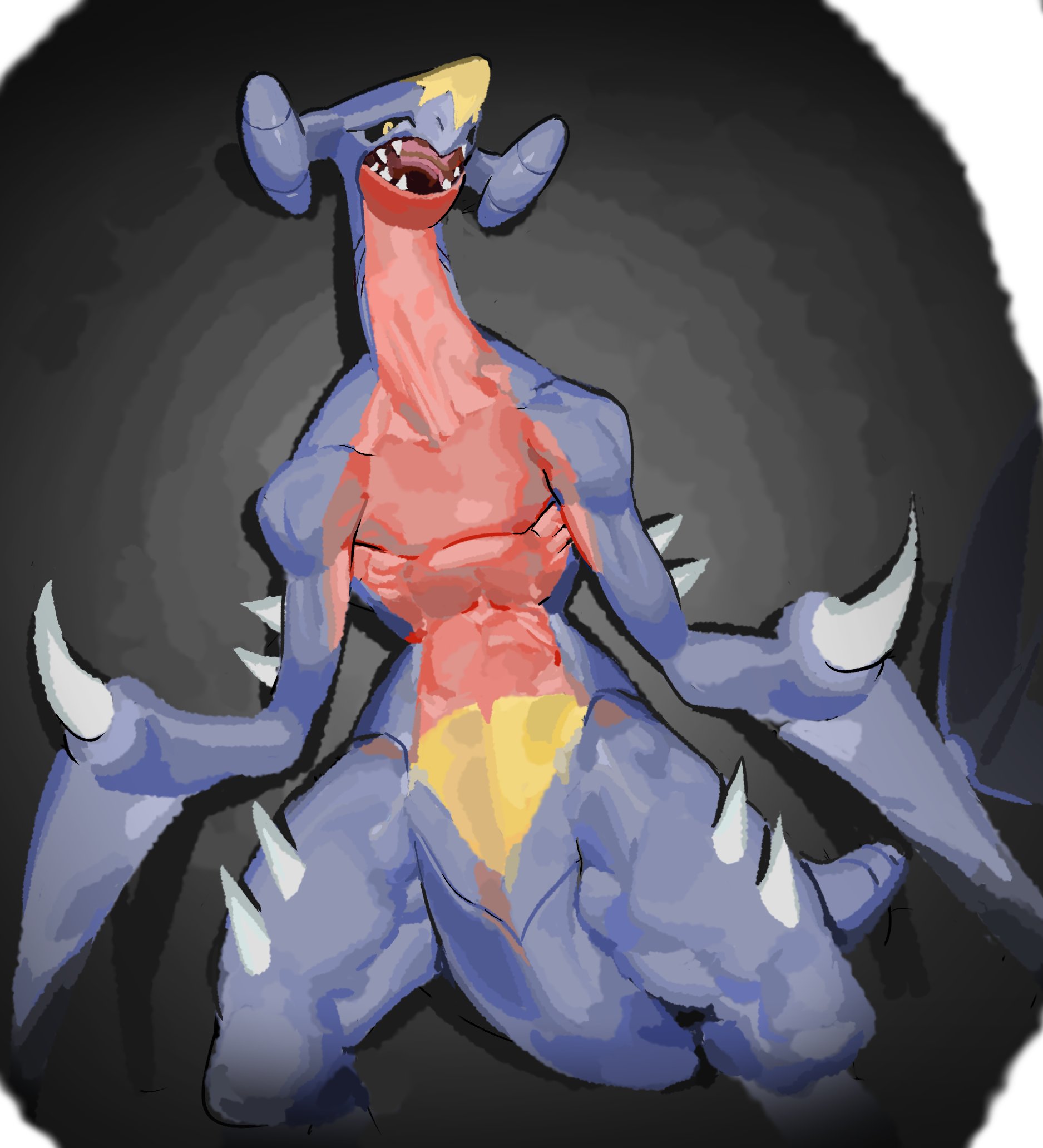 rkrekrnl1, garchomp, nintendo, pokemon, highres, black sclera, claws, colored sclera, dark background, gen 4 pokemon, looking at viewer, no humans, open mouth, pokemon (creature), sharp teeth, solo, spikes, teeth, yellow eyes