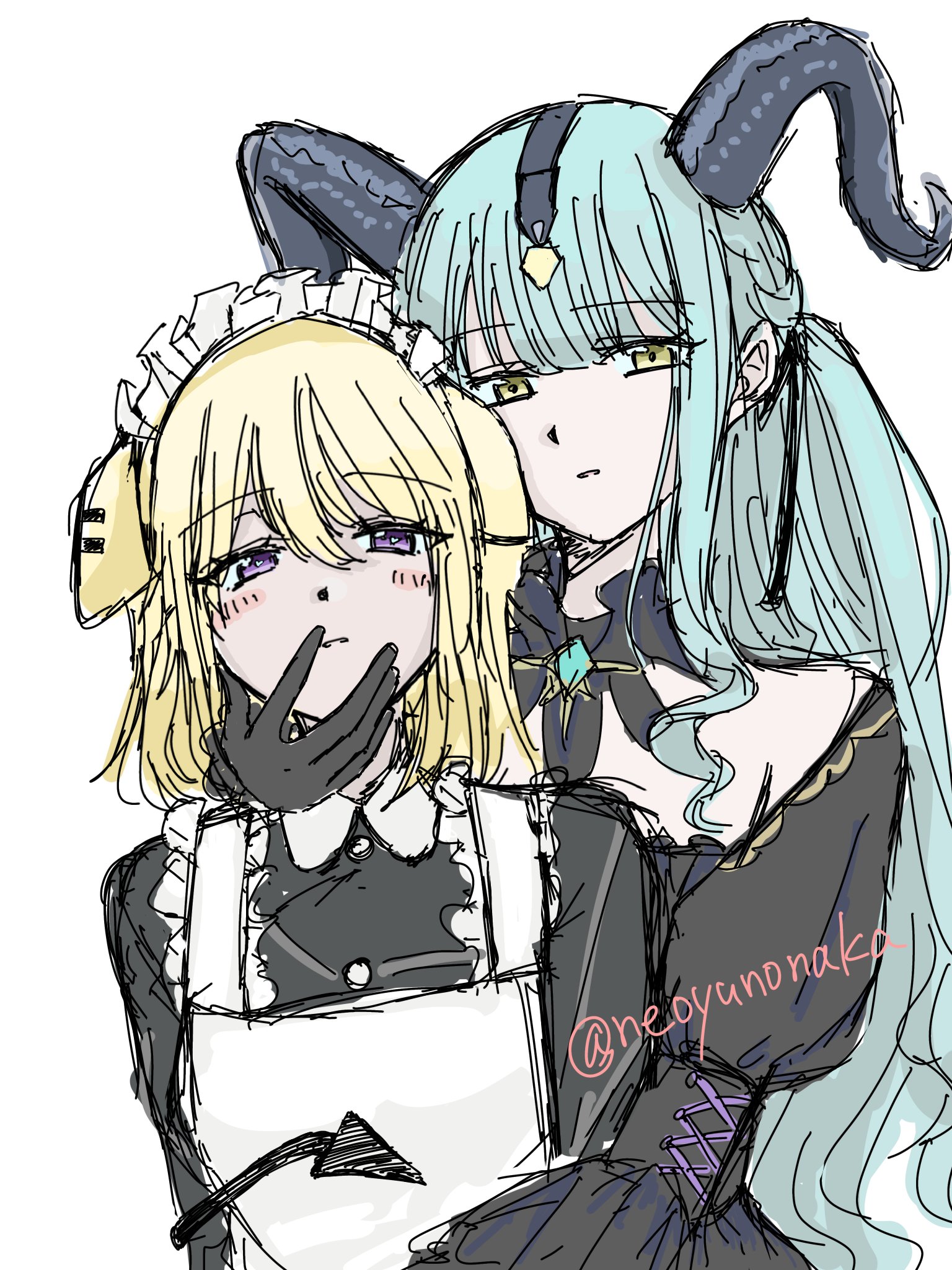 misumi uika, togawa sakiko, arknights, bang dream!, bang dream! it's mygo!!!!!, commentary request, highres, 2girls, animal ears, black dress, blonde hair, blue hair, demon tail, dog ears, dog girl, dress, horns, long hair, maid, misumi uika (caged singer), multiple girls, neoyunonaka, purple eyes, sidelocks, simple background, tail, togawa sakiko (master of melodia), white background, yellow eyes, yuri