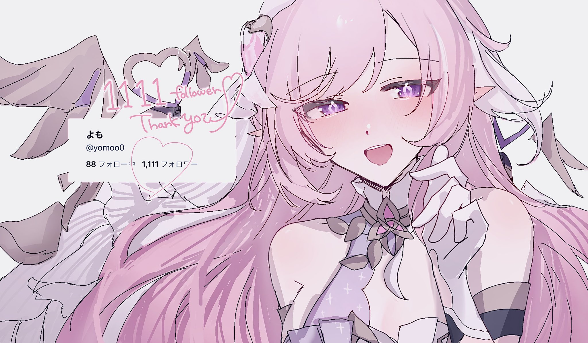 yomoo0, elysia (herrscher of human: ego) (honkai impact), elysia (honkai impact), honkai (series), honkai impact 3rd, highres, 1girl, bare shoulders, breasts, diamond-shaped pupils, diamond (shape), elf, gloves, large breasts, long hair, milestone celebration, multicolored hair, open mouth, pink hair, pointy ears, purple eyes, simple background, solo, symbol-shaped pupils, triquetra, two-tone hair, upper body, very long hair, white background, white gloves, white hair