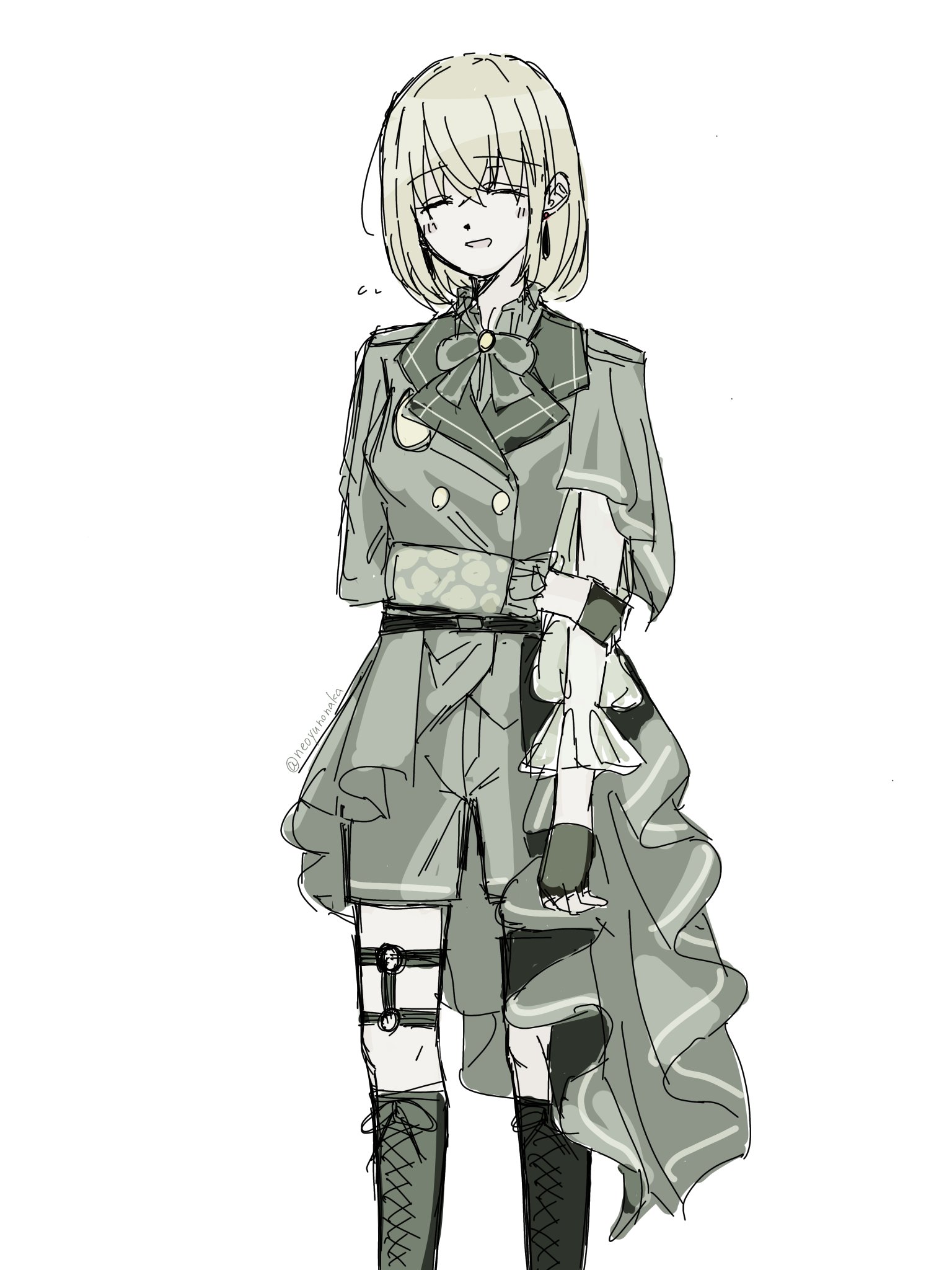 doloris (bang dream!), misumi uika, bang dream!, bang dream! it's mygo!!!!!, commentary request, highres, 1girl, adapted costume, boots, closed eyes, fingerless gloves, gloves, greyscale, holding own arm, medium hair, monochrome, neoyunonaka, open mouth, shorts, simple background, solo, standing, white background