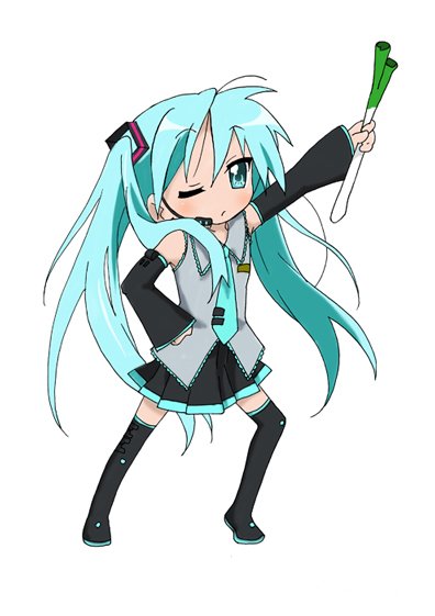 hatsune miku, hiiragi kagami, lucky star, vocaloid, third-party edit, 00s, 1girl, female focus, one eye closed, solo, thighhighs, wink