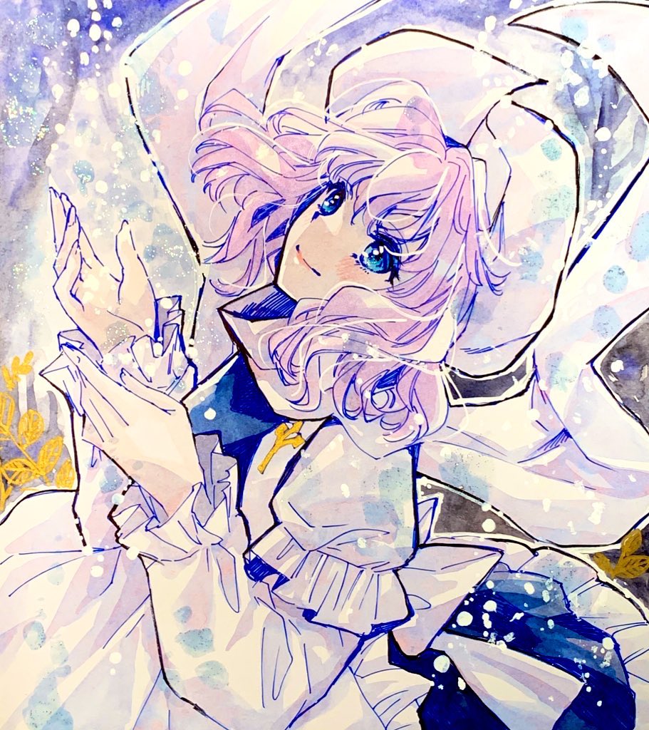 akaioringo2023, letty whiterock, touhou, painting (medium), traditional media, watercolor (medium), beret, blue eyes, blue skirt, blue vest, hat, lapel pin, long sleeves, looking up, medium hair, purple hair, shirt, skirt, triangular headpiece, vest, white shirt