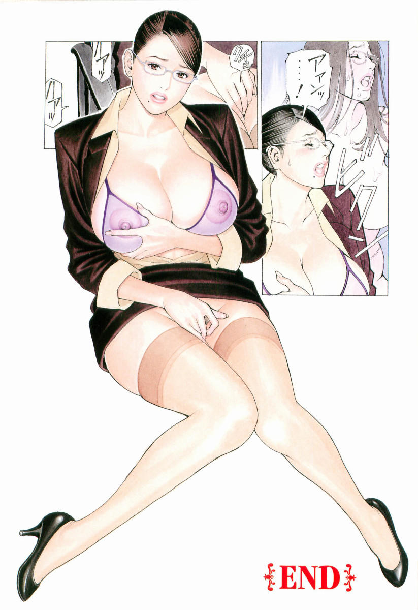 izayoi seishin, black footwear, highres, scan, tagme, 1girl, aokikunio, bra, breasts, character name, clothes lift, earrings, end (phrase), end (word), formal clothes, glasses, high heels, imagining, jewelry, knees together feet apart, large breasts, lipstick, long hair, looking at viewer, makeup, masturbation, miniskirt, mole, mole under mouth, open clothes, open shirt, pink lips, purple bra, see-through clothes, shirt, shoes, short hair, simple background, skirt, skirt lift, skirt suit, speech bubble, stud earrings, suit, sweat, swept bangs, text focus, the end (phrase), thighhighs, underwear, white background