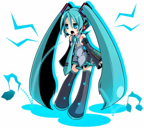 hatsune miku, vocaloid, lowres, blue eyes, blue hair, long hair, necktie, notes, thighhighs, twintails