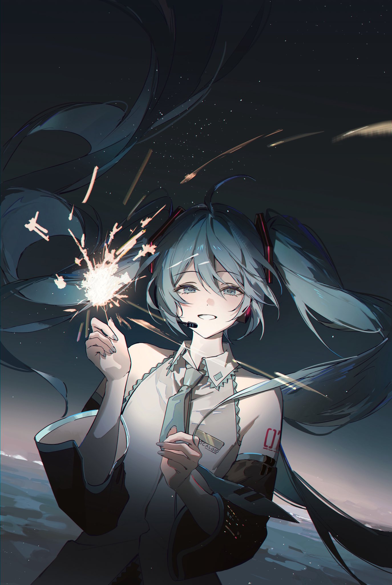 hy (hem oo), hatsune miku, vocaloid, highres, 1girl, ahoge, aqua eyes, aqua hair, aqua necktie, bare shoulders, black sleeves, blue eyes, blue hair, blue necktie, collared shirt, fireworks, floating hair, grey shirt, hair between eyes, hair ornament, hands up, headset, holding, holding fireworks, long hair, long sleeves, looking at viewer, necktie, night, night sky, number tattoo, outdoors, shirt, sky, sleeveless, sleeveless shirt, smile, solo, sparkler, star (sky), tattoo, twintails, upper body, very long hair, white shirt, wide sleeves
