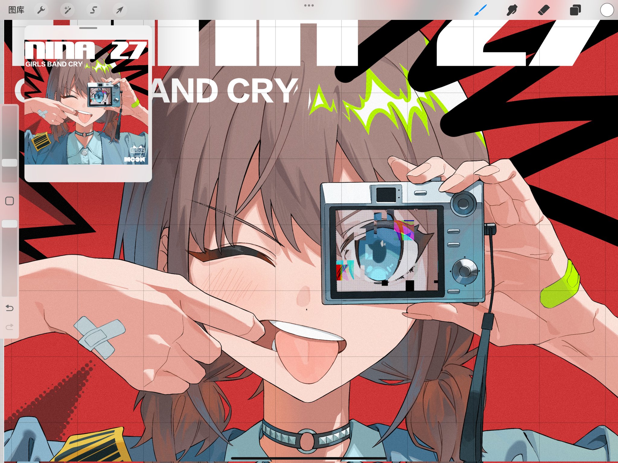 fromgod jungle, iseri nina, girls band cry, commentary, highres, procreate (medium), symbol-only commentary, 1girl, art program in frame, bandaid, bandaid on hand, blue eyes, blush, brown hair, camera, choker, grey choker, holding, holding camera, low twintails, mouth pull, o-ring, o-ring choker, one eye closed, open mouth, short hair, short twintails, solo, teeth, tongue, tongue out, twintails