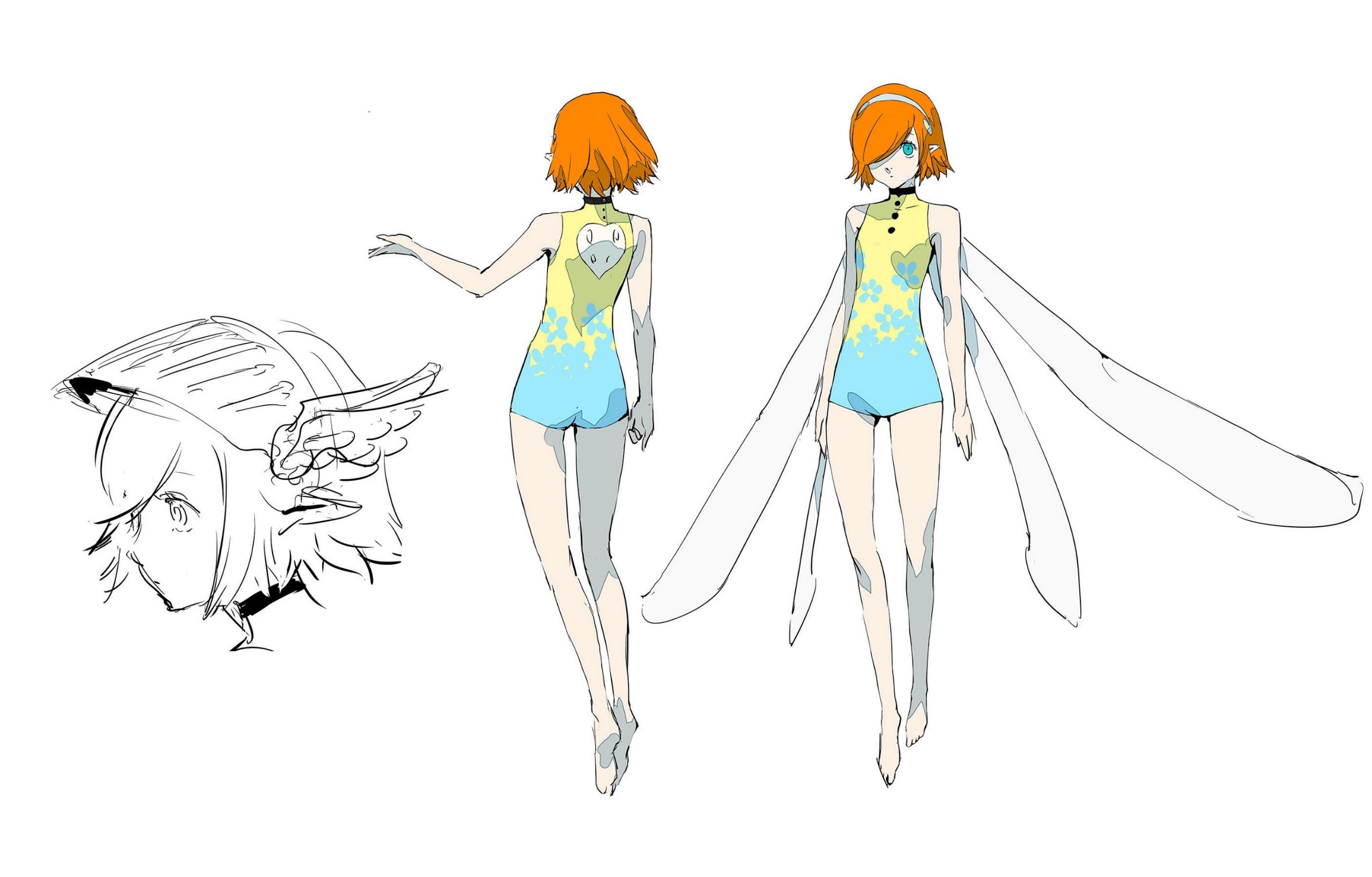 soejima shigenori, gallica (metaphor: refantazio), metaphor: refantazio, highres, official art, 1girl, bare shoulders, barefoot, blue eyes, blue leotard, fairy, fairy wings, hair over one eye, hairband, headpiece, leotard, multicolored leotard, orange hair, pointy ears, two-tone leotard, wings, yellow leotard