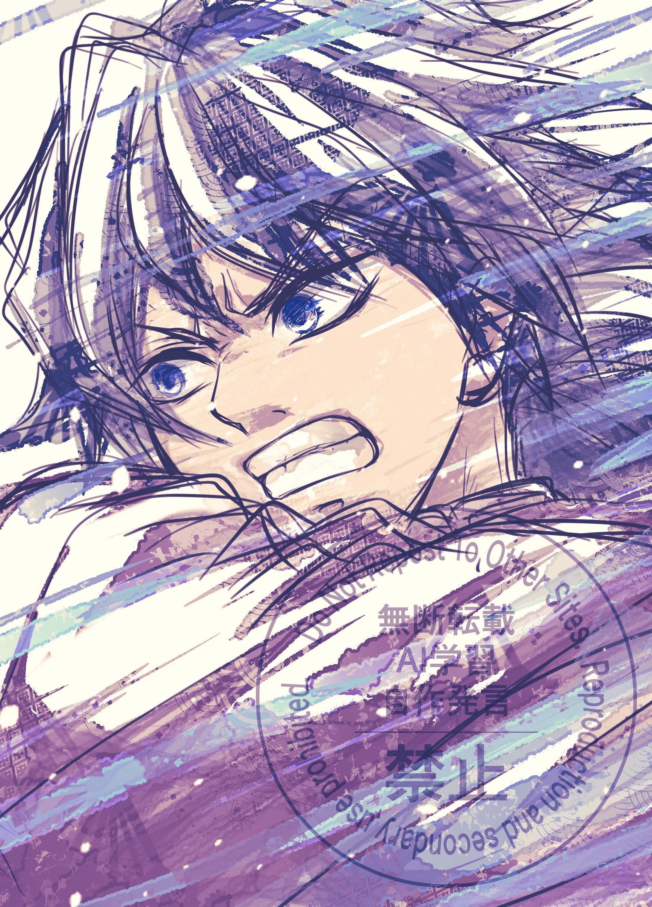 tomioka giyuu, kimetsu no yaiba, absurdres, highres, 1boy, black hair, blue eyes, clenched teeth, english text, hair between eyes, haori, japanese clothes, looking to the side, low ponytail, male focus, pancake gt, ponytail, red haori, sketch, solo, spiked hair, teeth, upper body, watermark, white background