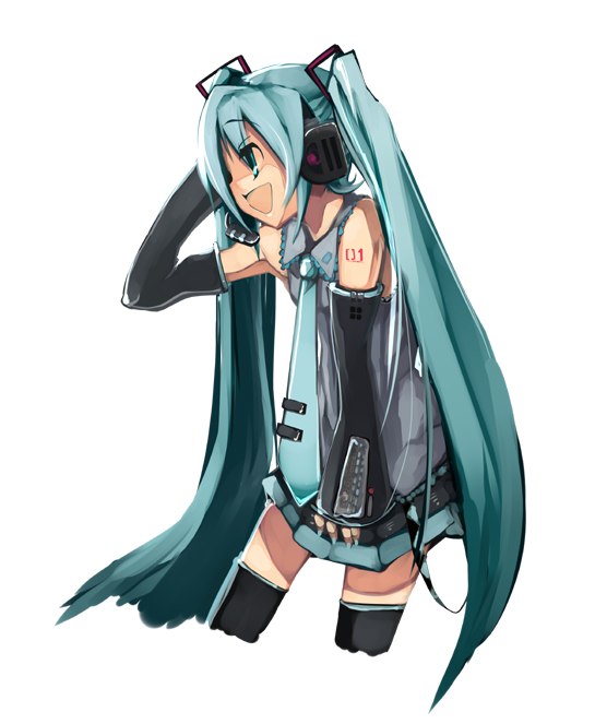 hatsune miku, vocaloid, blue eyes, blue hair, detached sleeves, long hair, necktie, thighhighs, twintails