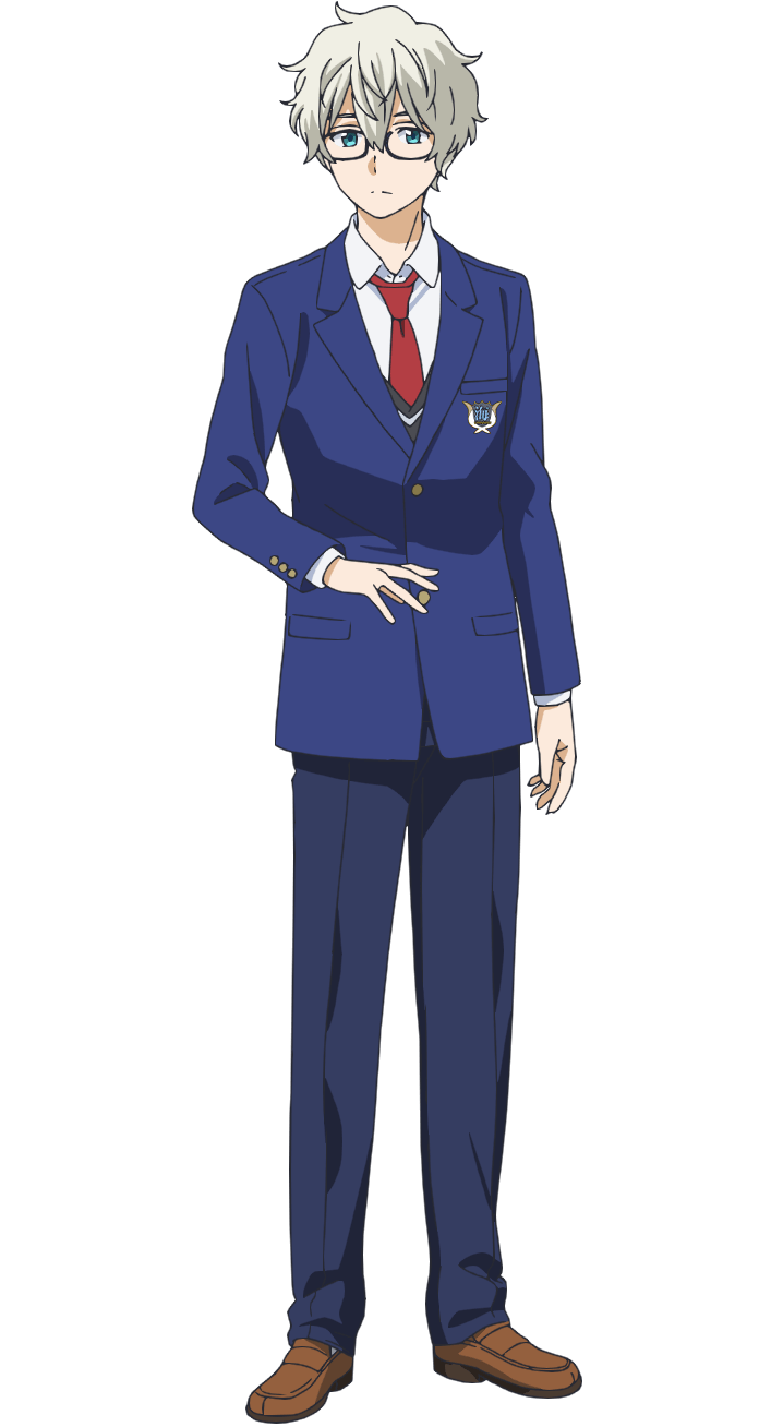 morita kazuaki, ao no orchestra, highres, official art, 1boy, anime coloring, blazer, blue eyes, blue jacket, blue pants, brown shoes, closed mouth, collared shirt, dress shoes, full body, glasses, grey vest, hand up, jacket, long sleeves, looking at viewer, necktie, open hands, pants, red necktie, saeki nao (ao no orchestra), school uniform, shirt, shoes, simple background, socks, solo, standing, sweater vest, tachi-e, transparent background, vest, white hair, white shirt, white socks