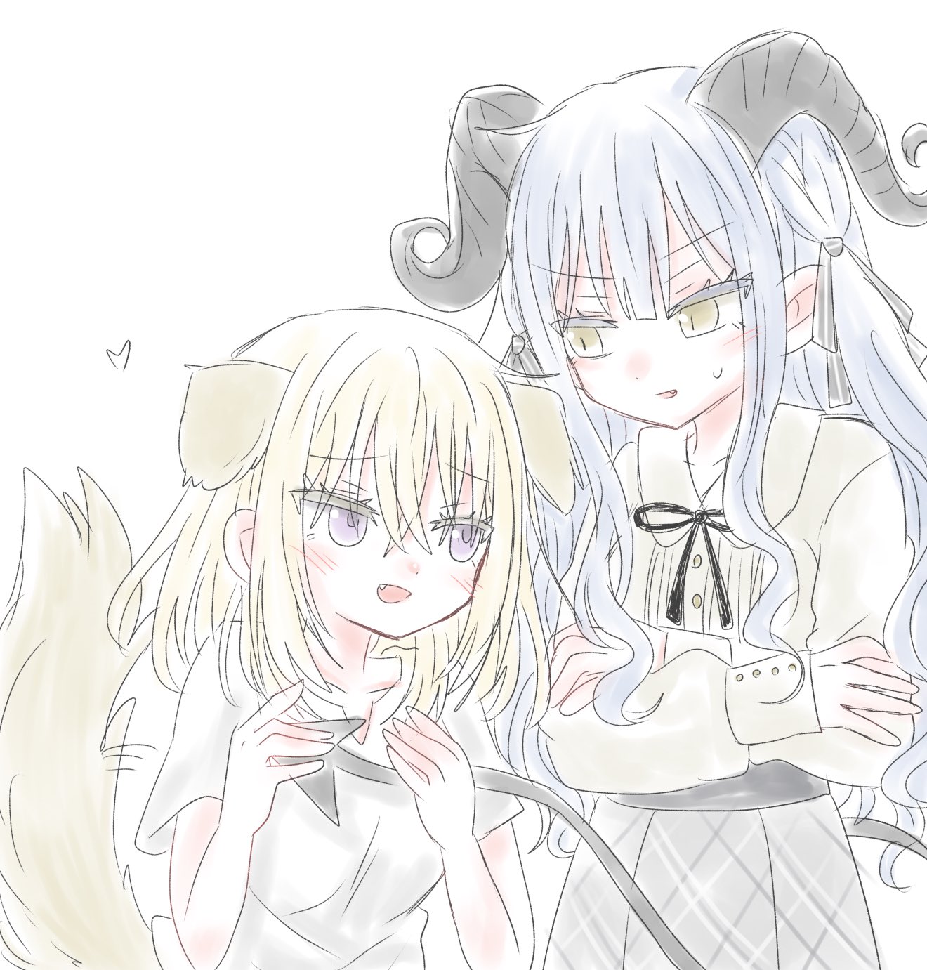 8 (asahati), misumi uika, togawa sakiko, arknights, bang dream!, bang dream! it's mygo!!!!!, commentary, highres, symbol-only commentary, 2girls, animal ears, blonde hair, blue hair, blush, dog ears, dog girl, dog tail, fang, grey skirt, hair ribbon, heart, long sleeves, medium hair, misumi uika (caged singer), multiple girls, open mouth, purple eyes, ribbon, shirt, short sleeves, sidelocks, simple background, skirt, tail, togawa sakiko (master of melodia), white background, white shirt, yellow eyes