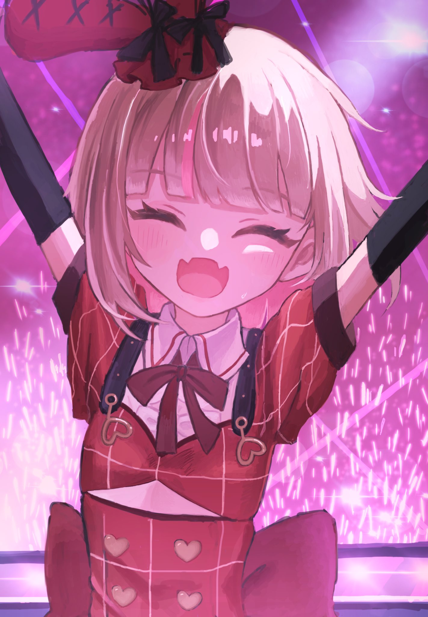 makaino ririmu, nijisanji, highres, 1girl, arms up, back bow, black bow, black gloves, black sleeve cuffs, blunt bangs, blush, bob cut, bow, bowtie, buttons, center frills, closed eyes, clothing cutout, collared shirt, colored inner hair, dress, elbow gloves, fangs, flat chest, frills, gloves, glowstick, grey hair, hat, hat bow, heart, heart button, heart o-ring, idol clothes, layered dress, medium hair, mini hat, multicolored hair, o-ring, official alternate costume, official alternate hairstyle, open mouth, outstretched arms, pink hair, plaid clothes, plaid dress, plaid sleeves, puffy short sleeves, puffy sleeves, rabbit ear headwear, red bow, red bowtie, red dress, red eyes, red sleeves, shirt, short sleeves, shoulder strap, skin fangs, smile, solo, stage, stage lights, streaked hair, underboob cutout, upper body, virtual youtuber, white shirt, yogiri o410