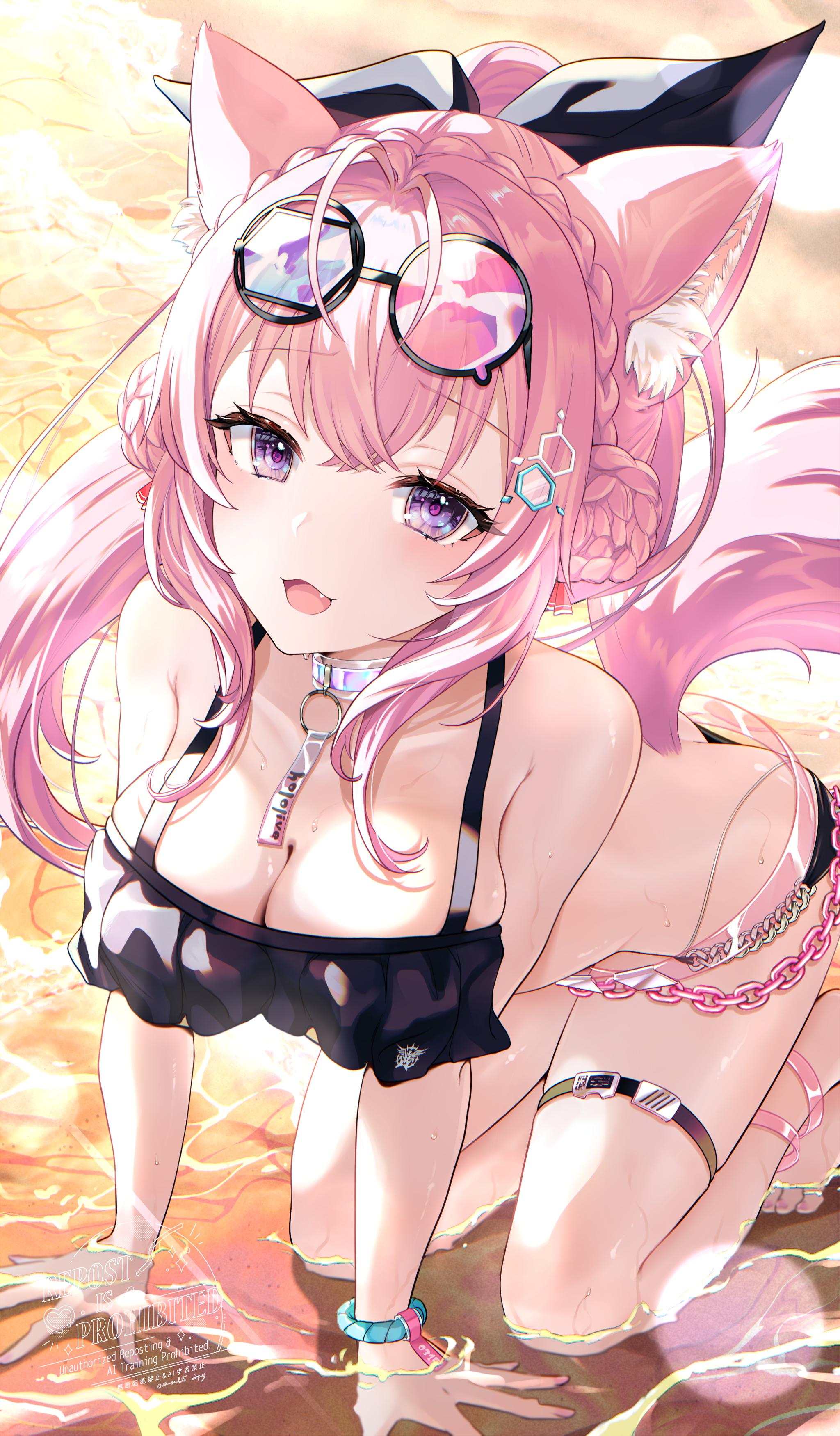 kudoukudokudo, hakui koyori, hololive, absurdres, highres, 1girl, all fours, animal ears, ankleband, antenna hair, armpit crease, bare shoulders, beach, belt, bikini, black-framed eyewear, black bikini, black ribbon, blush, braid, braided bun, breasts, chain, choker, collarbone, crown braid, double bun, fang, fingernails, frilled bikini, frills, gradient choker, hair bun, hair ornament, hair ribbon, large breasts, long hair, looking at viewer, nail polish, o-ring, open mouth, outdoors, pink-tinted eyewear, pink belt, pink choker, pink eyes, pink hair, pink nails, pink tail, purple-tinted eyewear, red ribbon, ribbon, smile, solo, sunglasses, sunset, swimsuit, tail, thigh strap, thighs, tinted eyewear, virtual youtuber, watermark, white choker, wolf ears, wolf girl, wolf tail, wristband