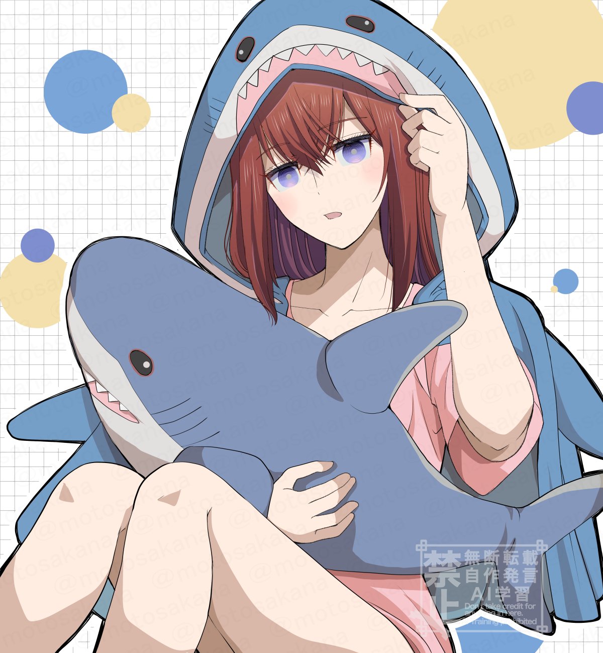 motomotosakana, ikea shark, makise kurisu, science adventure, steins;gate, highres, 1girl, animal ear hood, animal hood, bare legs, blush, brown hair, fake animal ears, hair between eyes, holding, holding stuffed toy, hood, hood up, hoodie, long hair, looking at viewer, open mouth, pink shirt, purple eyes, ringed eyes, shirt, sitting, solo, stuffed animal, stuffed shark, stuffed toy
